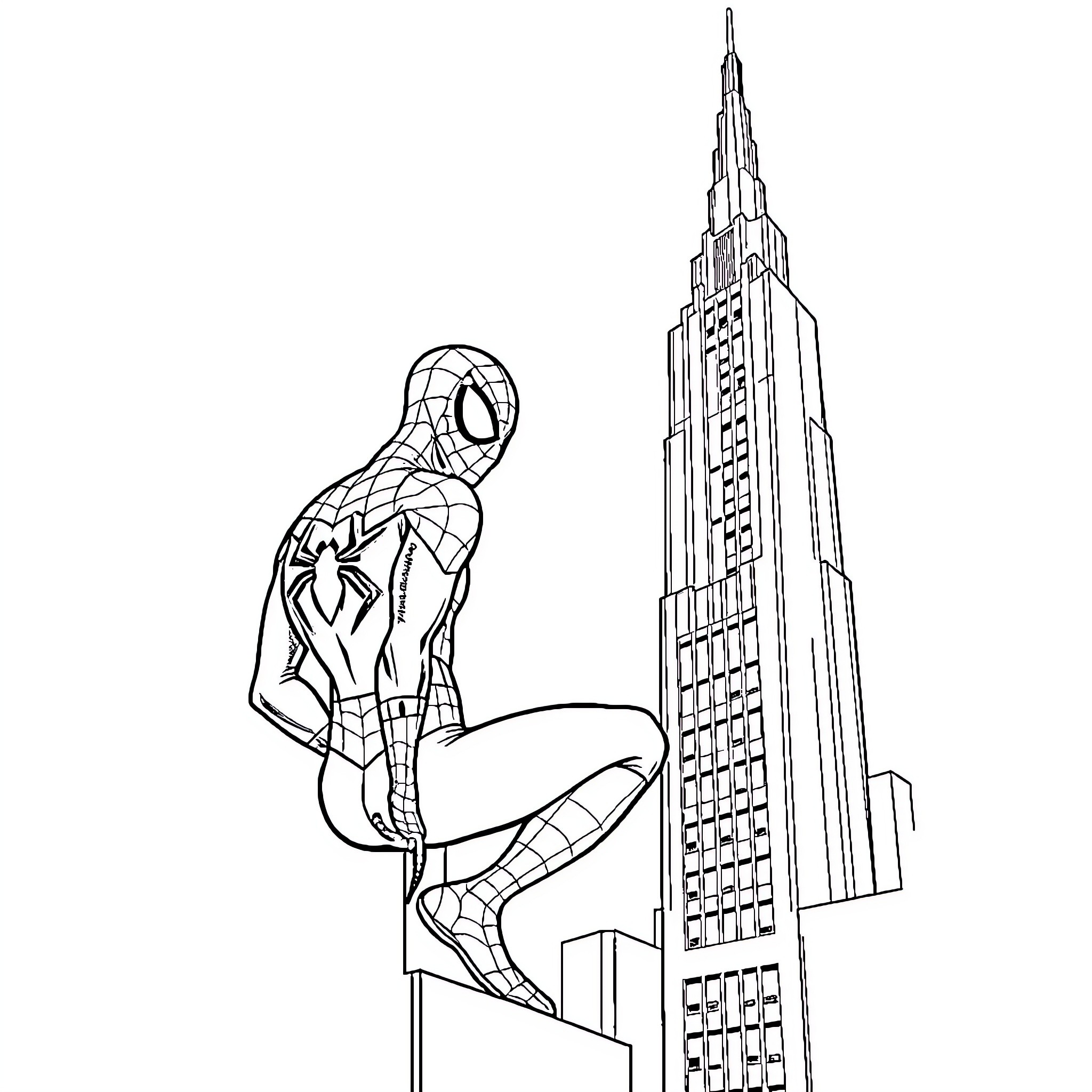 Spider-Man scaling skyscraper in New York City Coloring Page (free black-and-white line drawing printable PDF for all, from beginners to advanced learners, including children, teens, adults, and seniors)