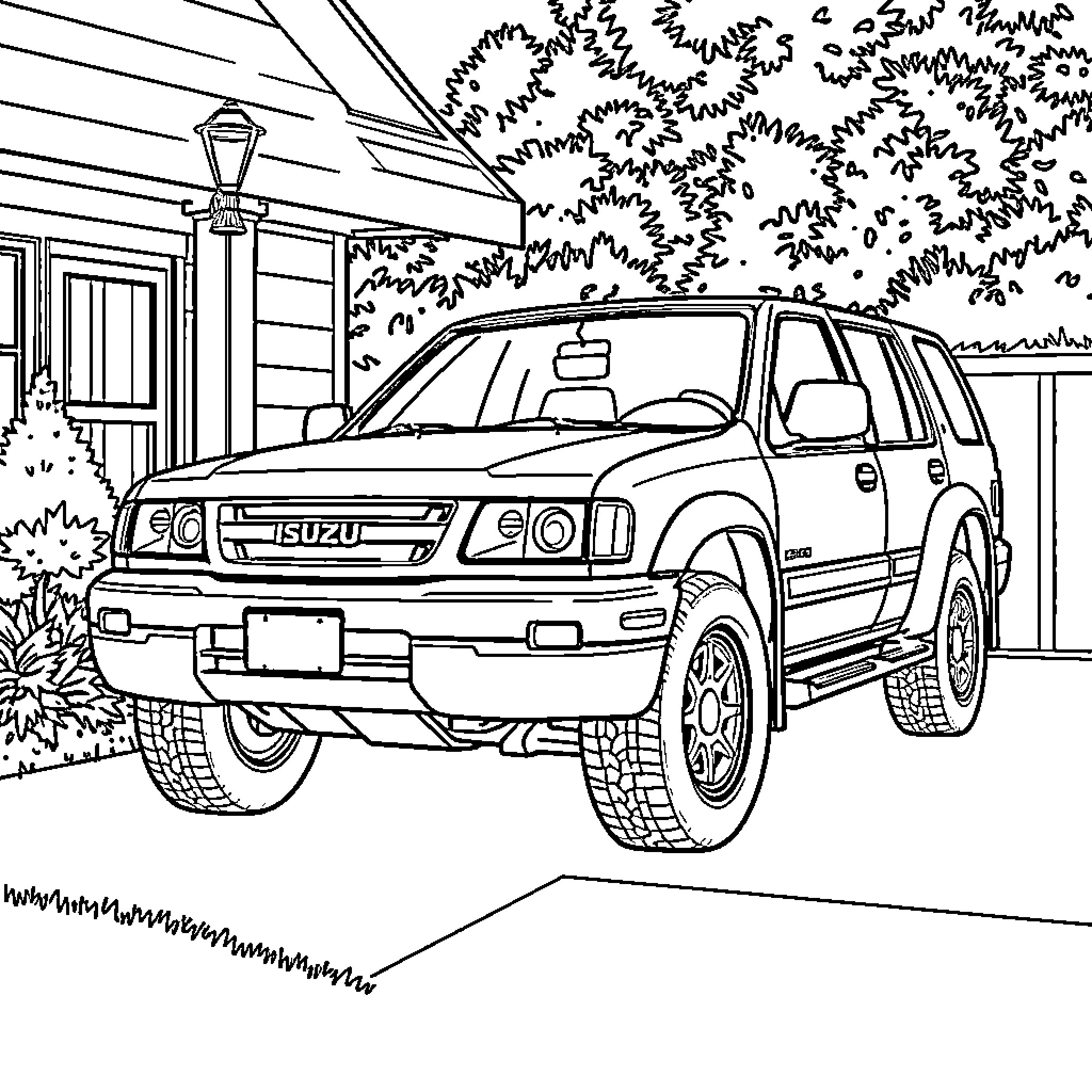 Isuzu Rodeo parked in front of a house Coloring Page (free black-and-white line drawing printable PDF for all, from beginners to advanced learners, including children, teens, adults, and seniors)