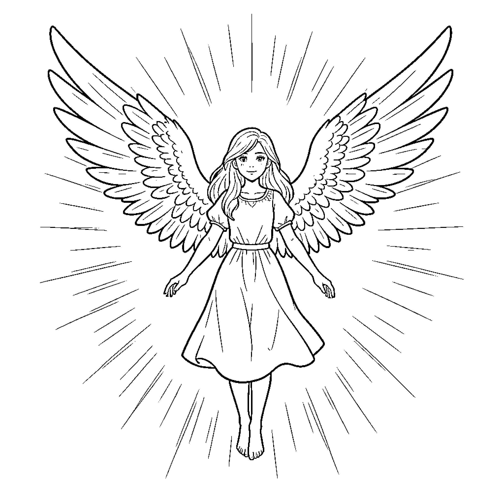 Fille with angelic wings and radiant halo Coloring Page (free black-and-white line drawing printable PDF for all, from beginners to advanced learners, including children, teens, adults, and seniors)