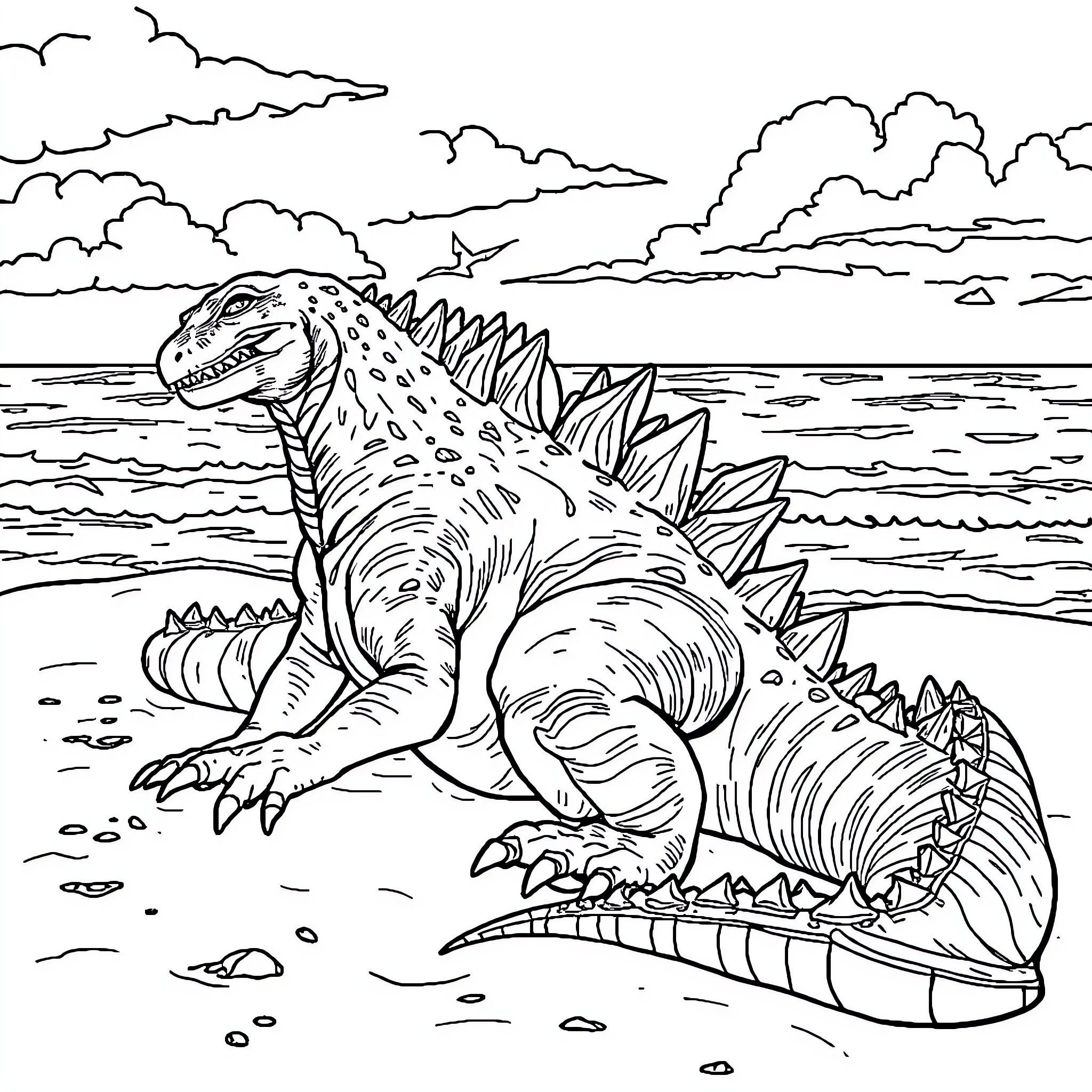 Godzilla stomping through a stormy seascape Coloring Page (free black-and-white line drawing printable PDF for all, from beginners to advanced learners, including children, teens, adults, and seniors)