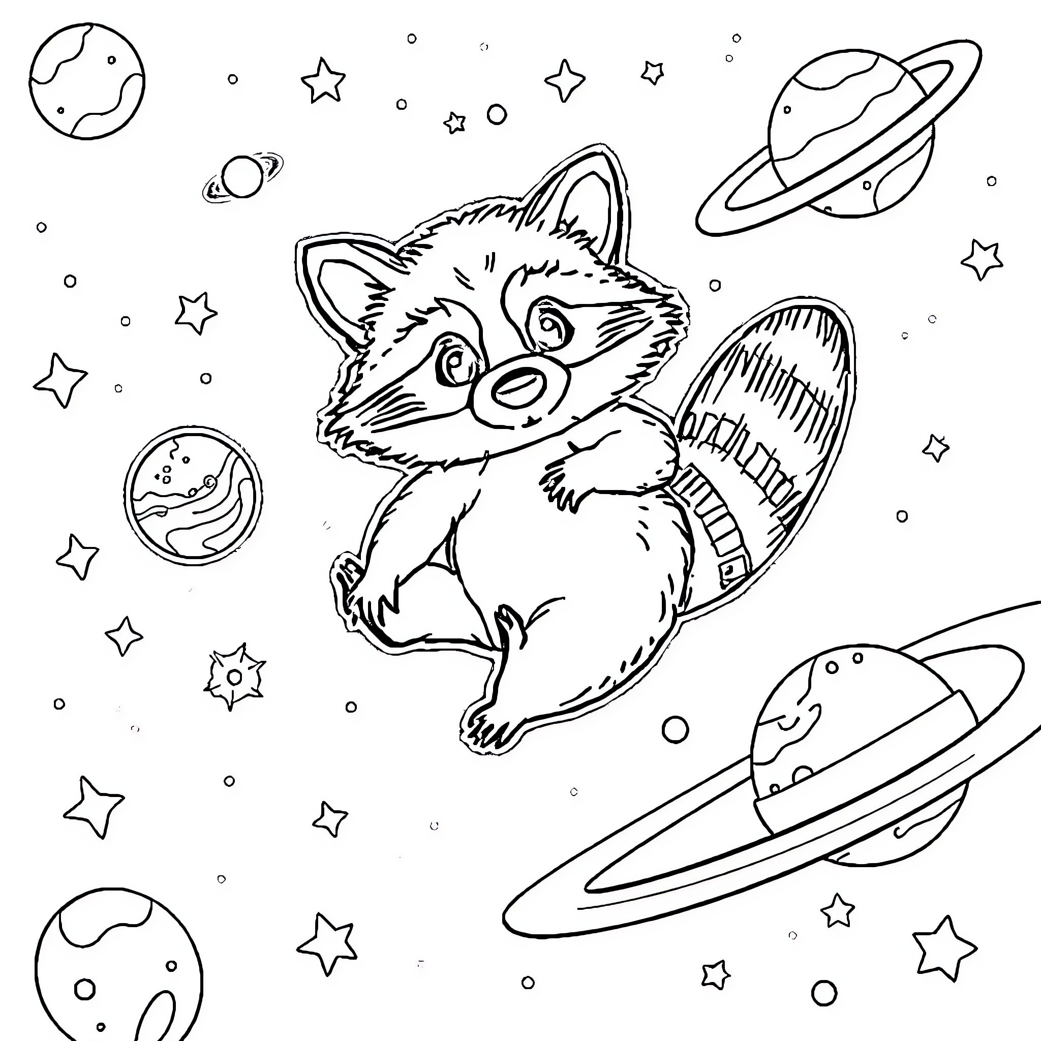 Raccoon adventuring through the cosmic galaxy Coloring Page (free black-and-white line drawing printable PDF for all, from beginners to advanced learners, including children, teens, adults, and seniors)