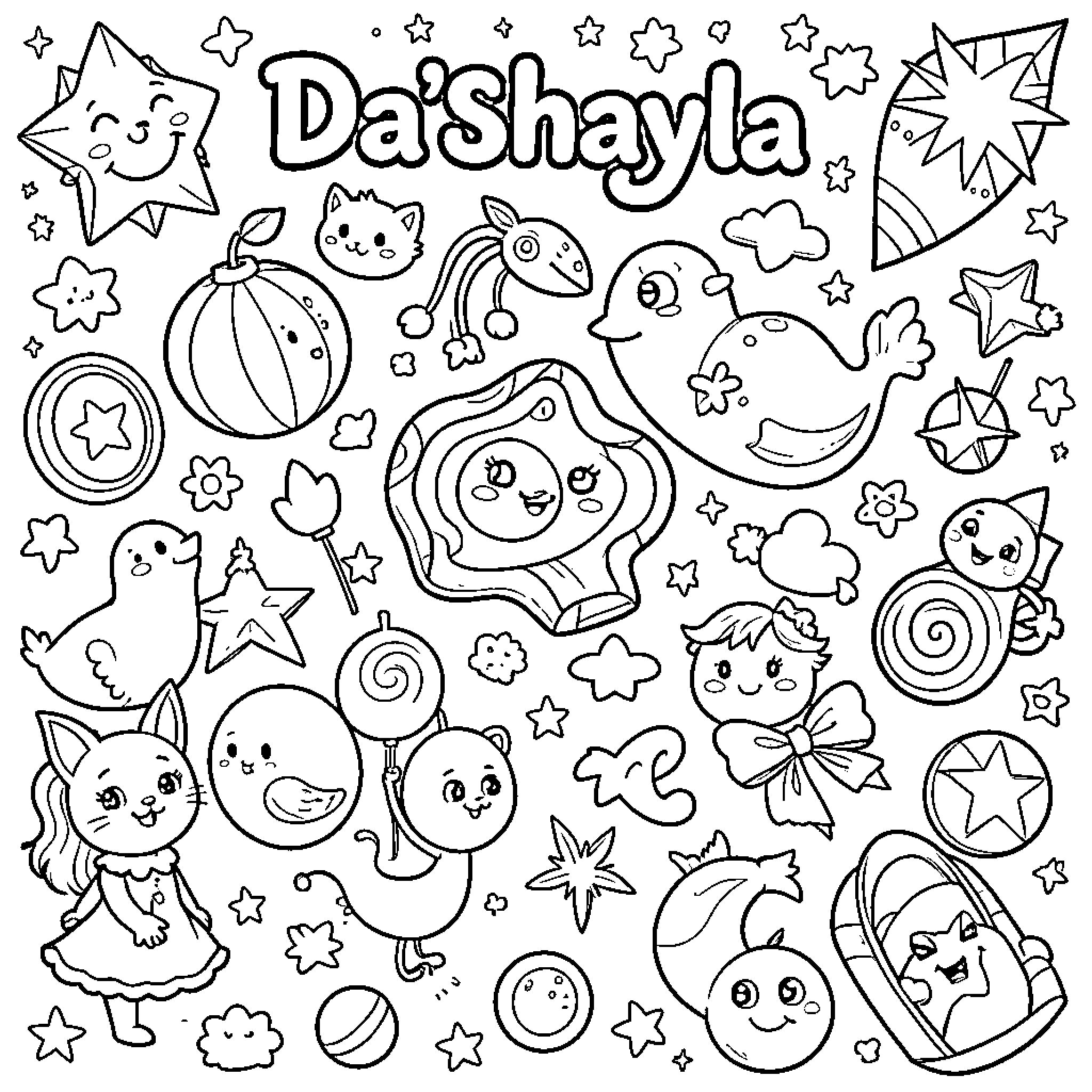 Da'shayla surrounded by whimsical characters and cute stars Coloring Page (free black-and-white line drawing printable PDF for all, from beginners to advanced learners, including children, teens, adults, and seniors)