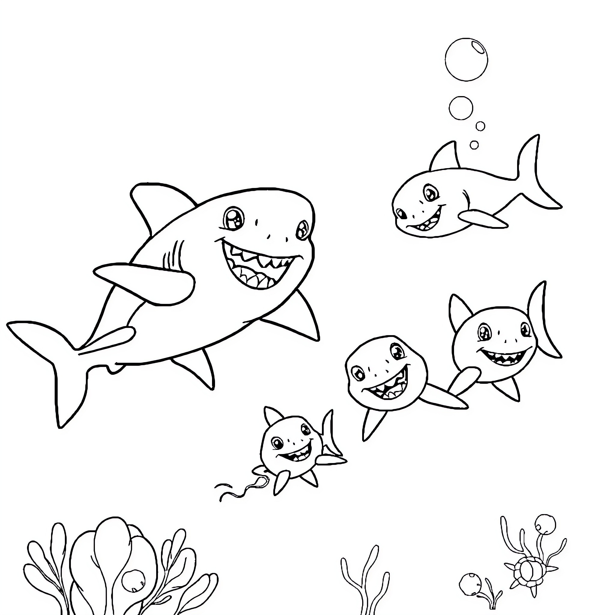 Shark family playing in the ocean Coloring Page (free black-and-white line drawing printable PDF for all, from beginners to advanced learners, including children, teens, adults, and seniors)