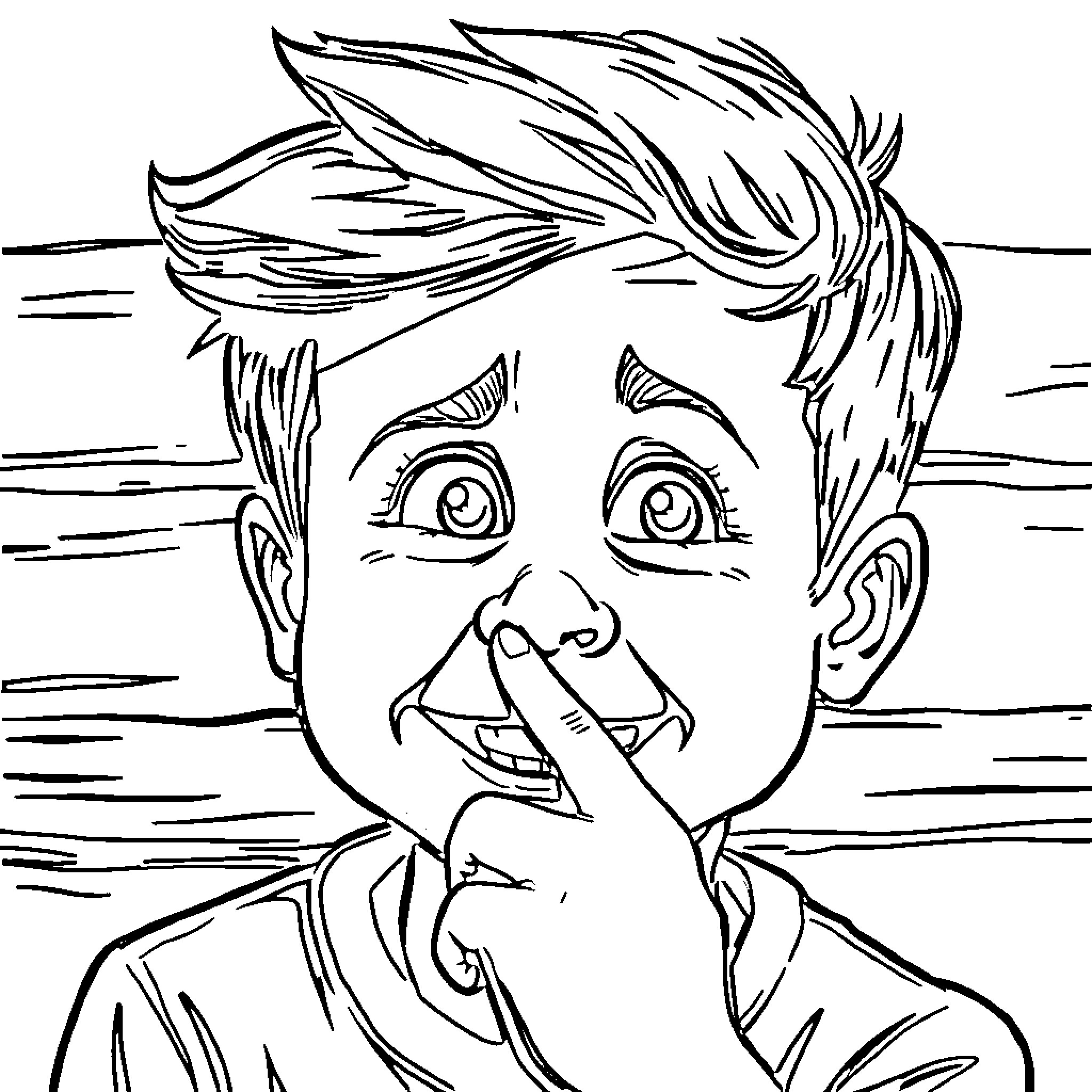 Boy making a silly face with his finger on his nose Coloring Page (free black-and-white line drawing printable PDF for all, from beginners to advanced learners, including children, teens, adults, and seniors)