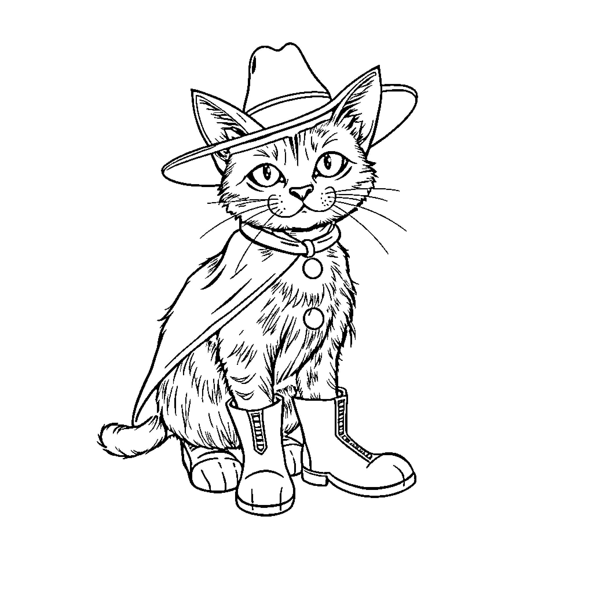 Booted Cat Wearing Cowboy Hat Coloring Page (free black-and-white line drawing printable PDF for all, from beginners to advanced learners, including children, teens, adults, and seniors)
