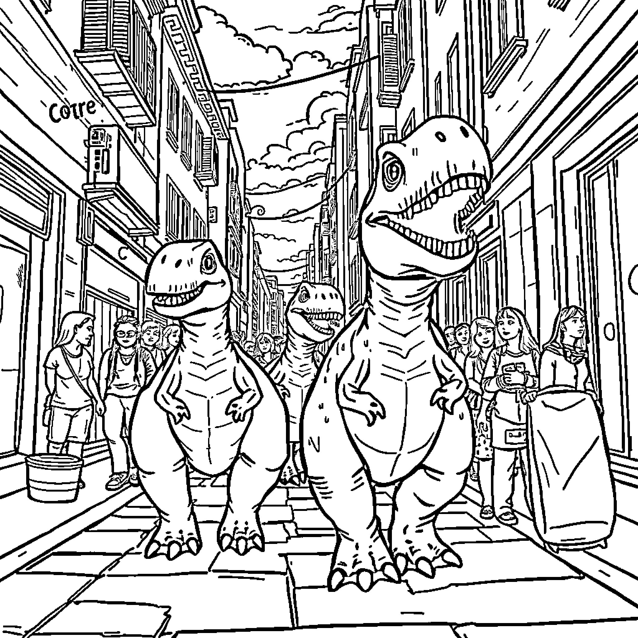 Dilophosaurus trio strolling through a crowded city street Coloring Page (free black-and-white line drawing printable PDF for all, from beginners to advanced learners, including children, teens, adults, and seniors)