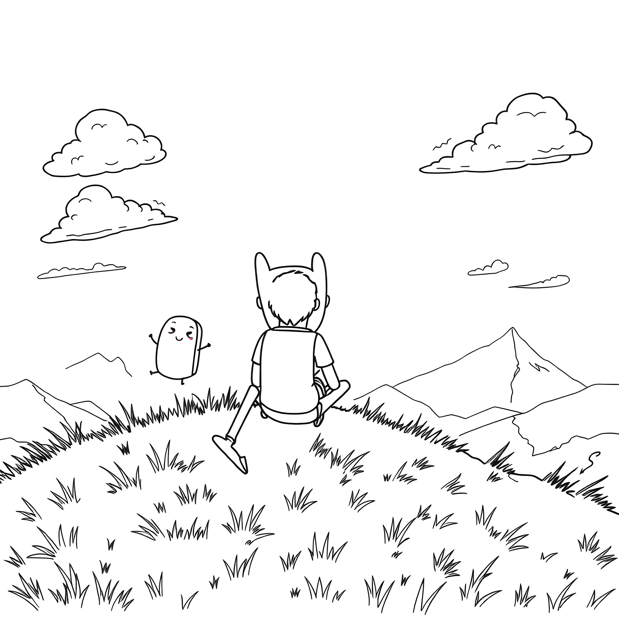 Finn and Jake explore the mountainous terrain Coloring Page (free black-and-white line drawing printable PDF for all, from beginners to advanced learners, including children, teens, adults, and seniors)