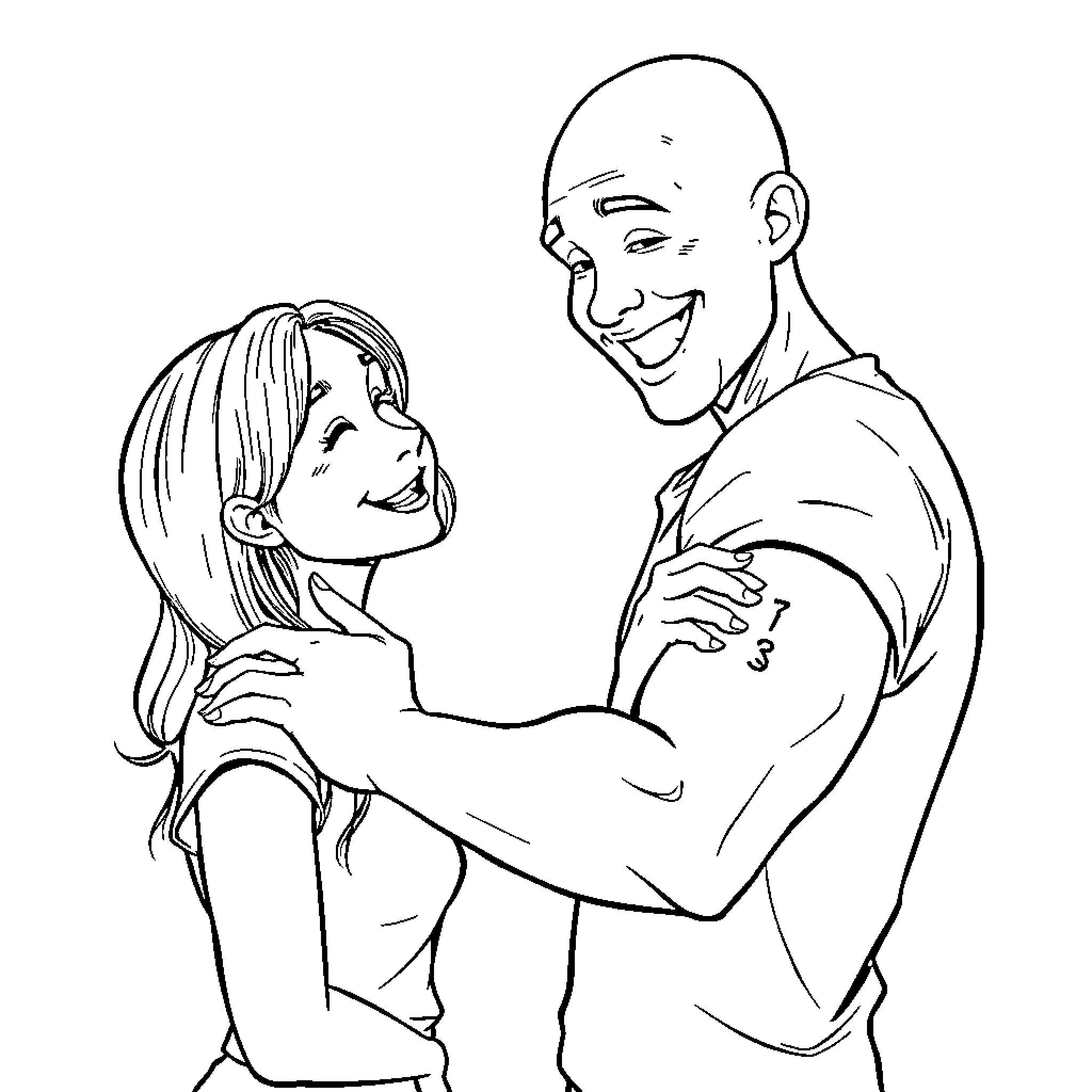 Bald Man Embracing Smiling Woman Coloring Page (free black-and-white line drawing printable PDF for all, from beginners to advanced learners, including children, teens, adults, and seniors)