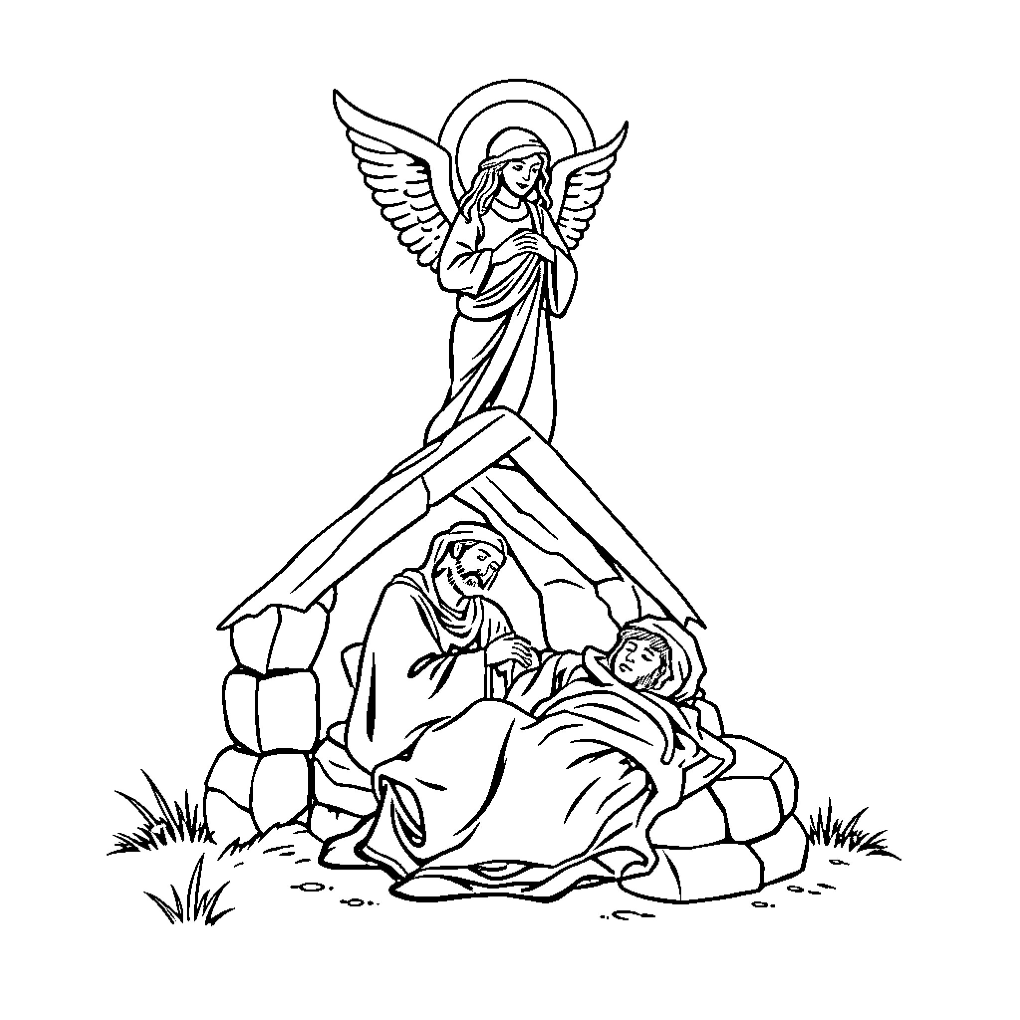Saint Joseph with the Blessed Virgin Mary and the Infant Jesus Coloring Page (free black-and-white line drawing printable PDF for all, from beginners to advanced learners, including children, teens, adults, and seniors)