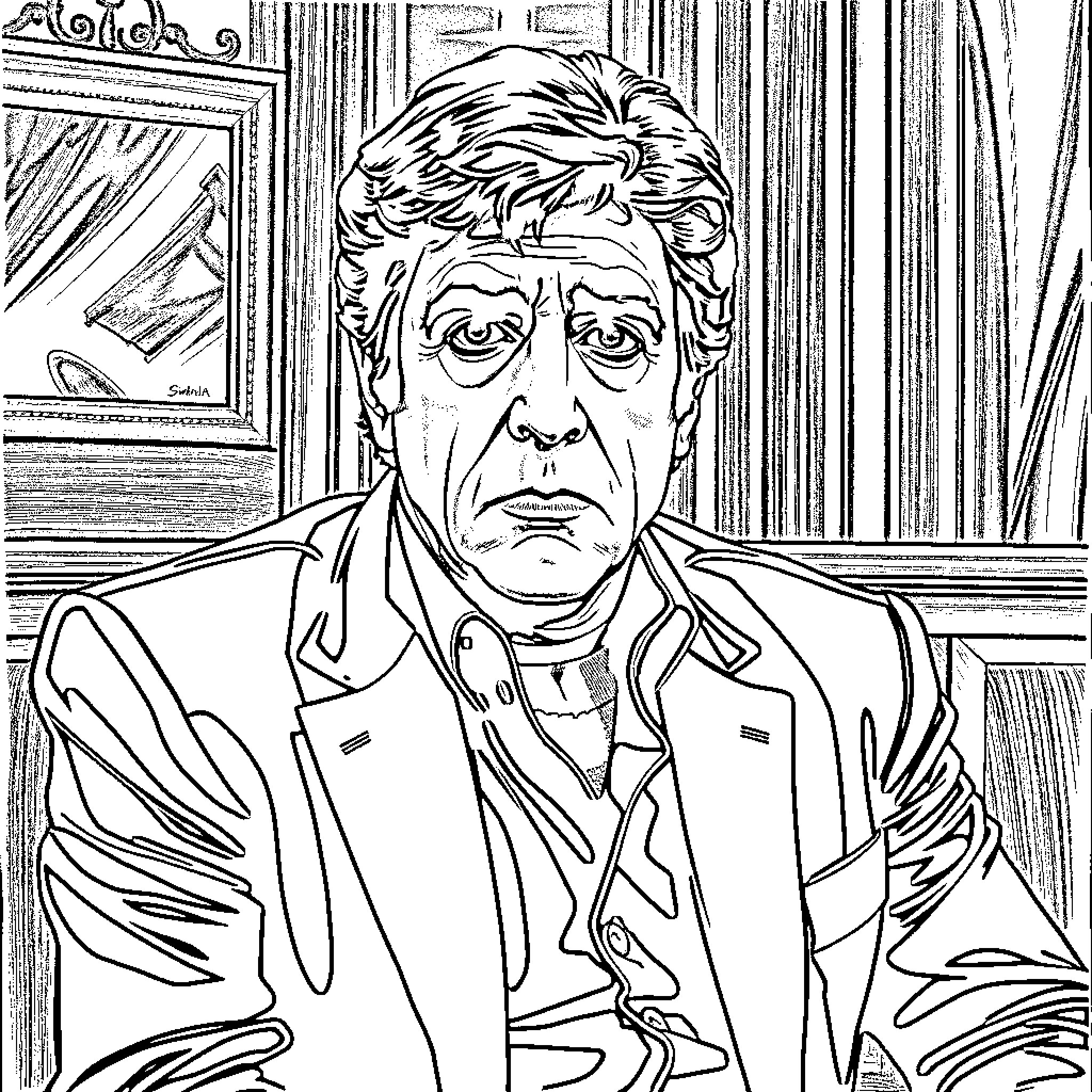 Al Pacino in a serious, pensive expression Coloring Page (free black-and-white line drawing printable PDF for all, from beginners to advanced learners, including children, teens, adults, and seniors)