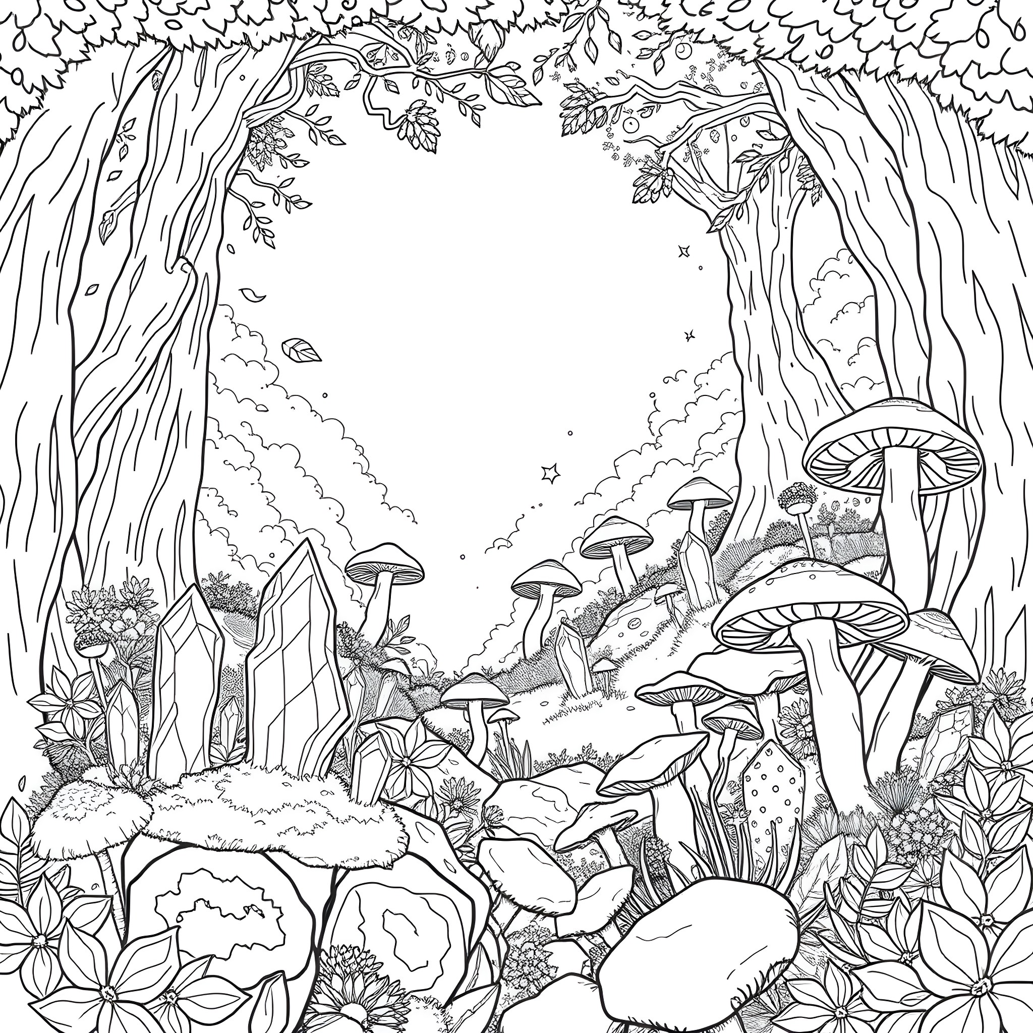 Crystal Forest Enchantment Coloring Page (free black-and-white line drawing printable PDF for all, from beginners to advanced learners, including children, teens, adults, and seniors)