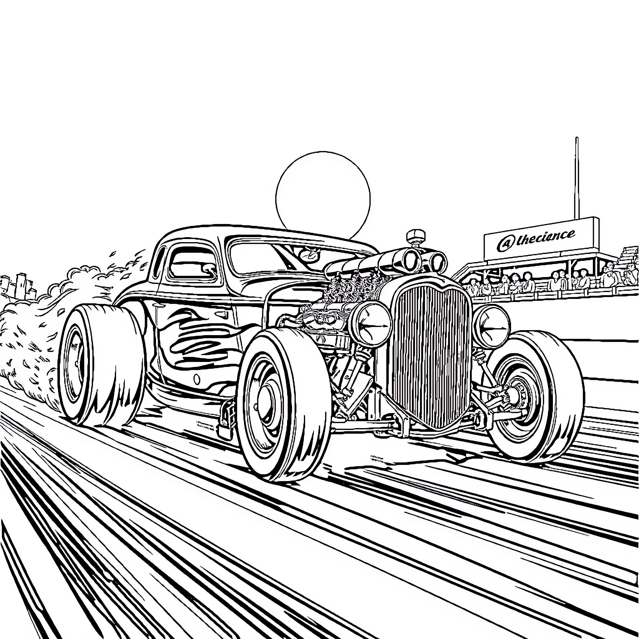 Hotrod racing on the street with high-speed thrill Coloring Page (free black-and-white line drawing printable PDF for all, from beginners to advanced learners, including children, teens, adults, and seniors)