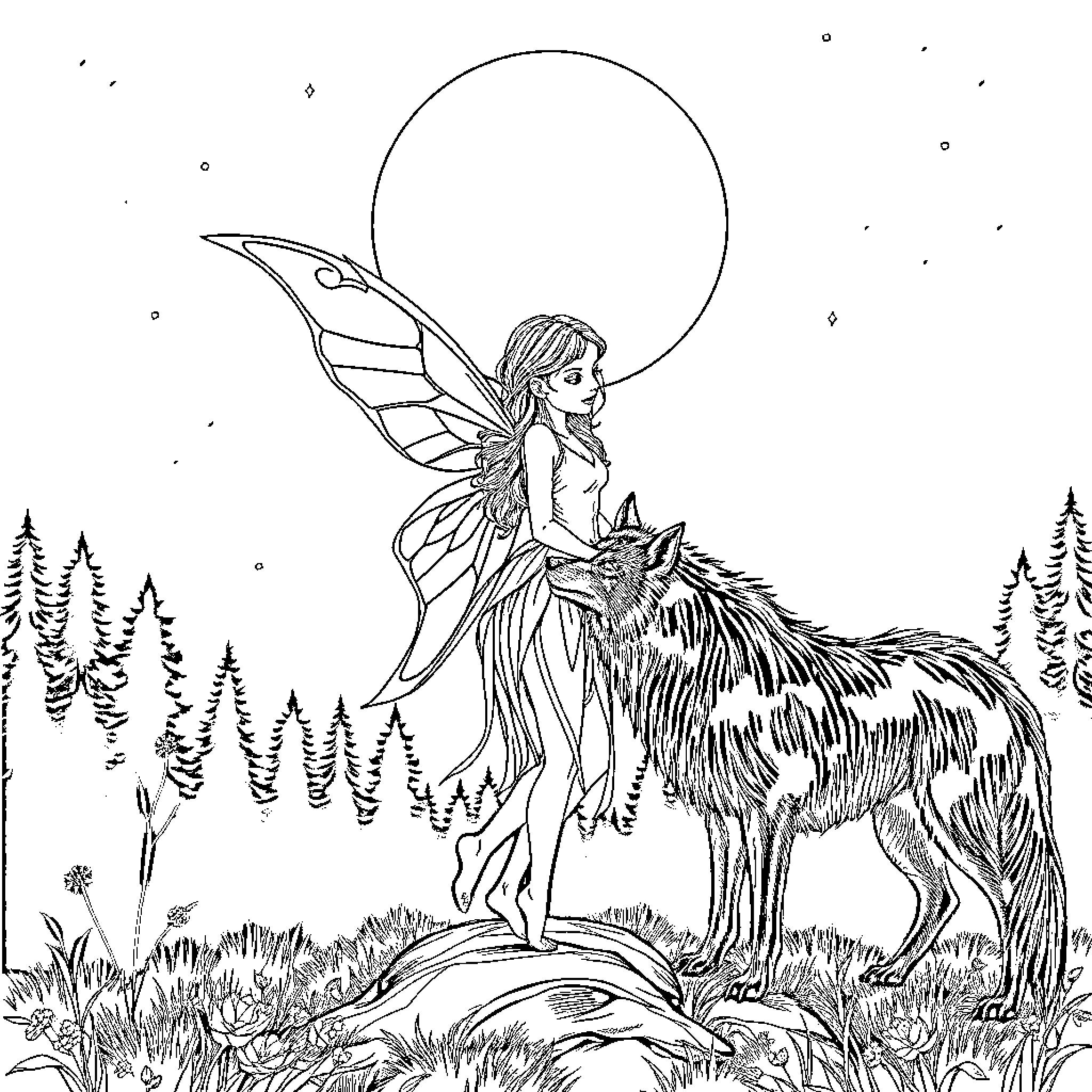 Fairy dancing with a wolf under the moon Coloring Page (free black-and-white line drawing printable PDF for all, from beginners to advanced learners, including children, teens, adults, and seniors)