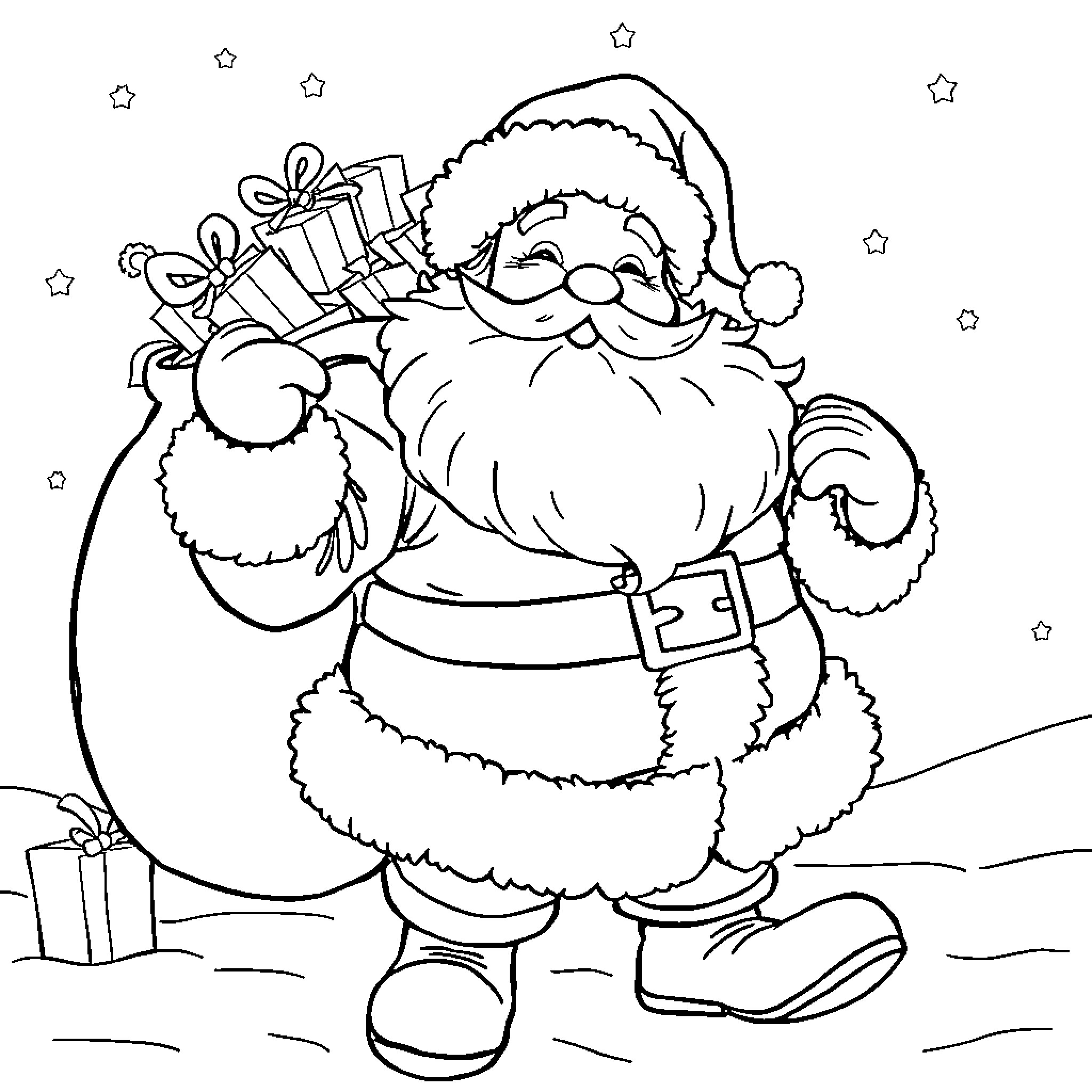 Santa delivering gifts on a snowy night Coloring Page (free black-and-white line drawing printable PDF for all, from beginners to advanced learners, including children, teens, adults, and seniors)