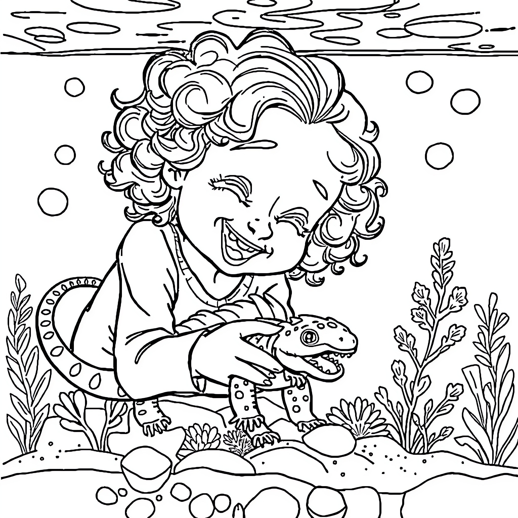 Girl playing with a lizard in a nature scene Coloring Page (free black-and-white line drawing printable PDF for all, from beginners to advanced learners, including children, teens, adults, and seniors)