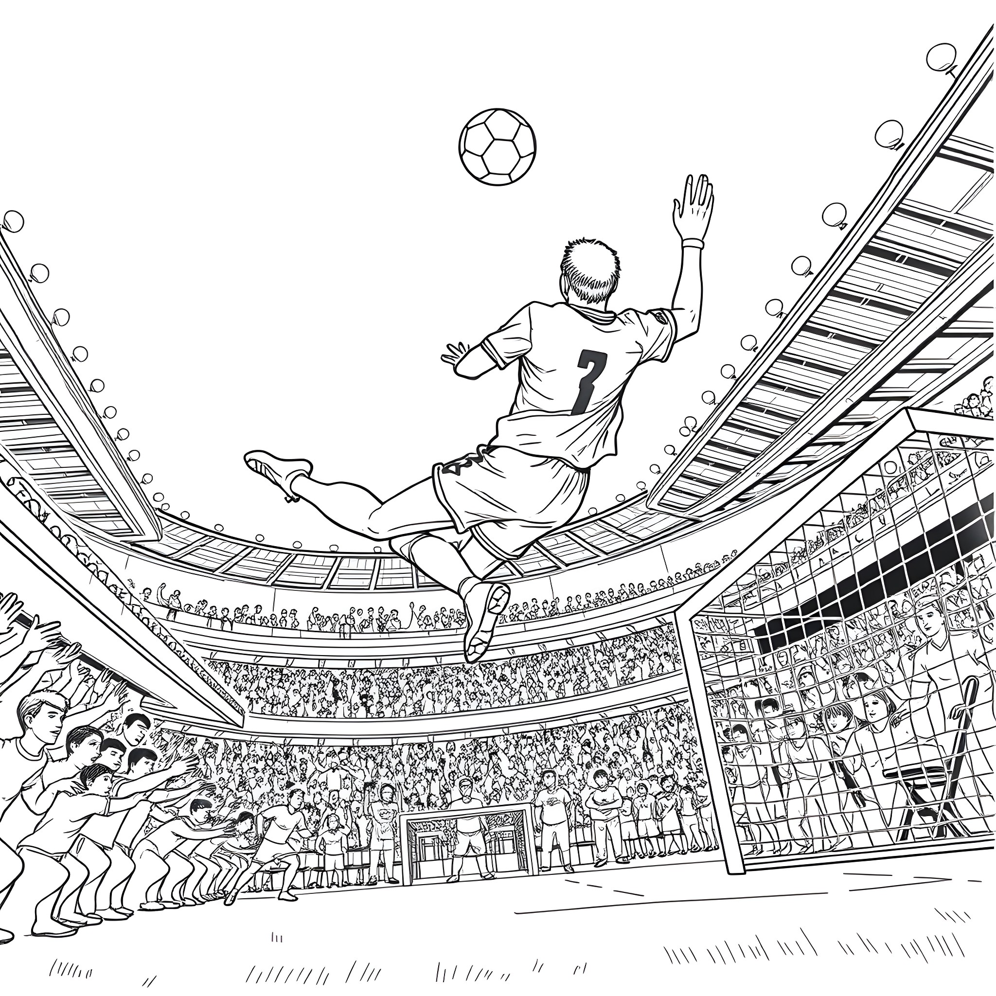 Football Player Soaring Through the Air in Stadium Coloring Page (free black-and-white line drawing printable PDF for all, from beginners to advanced learners, including children, teens, adults, and seniors)