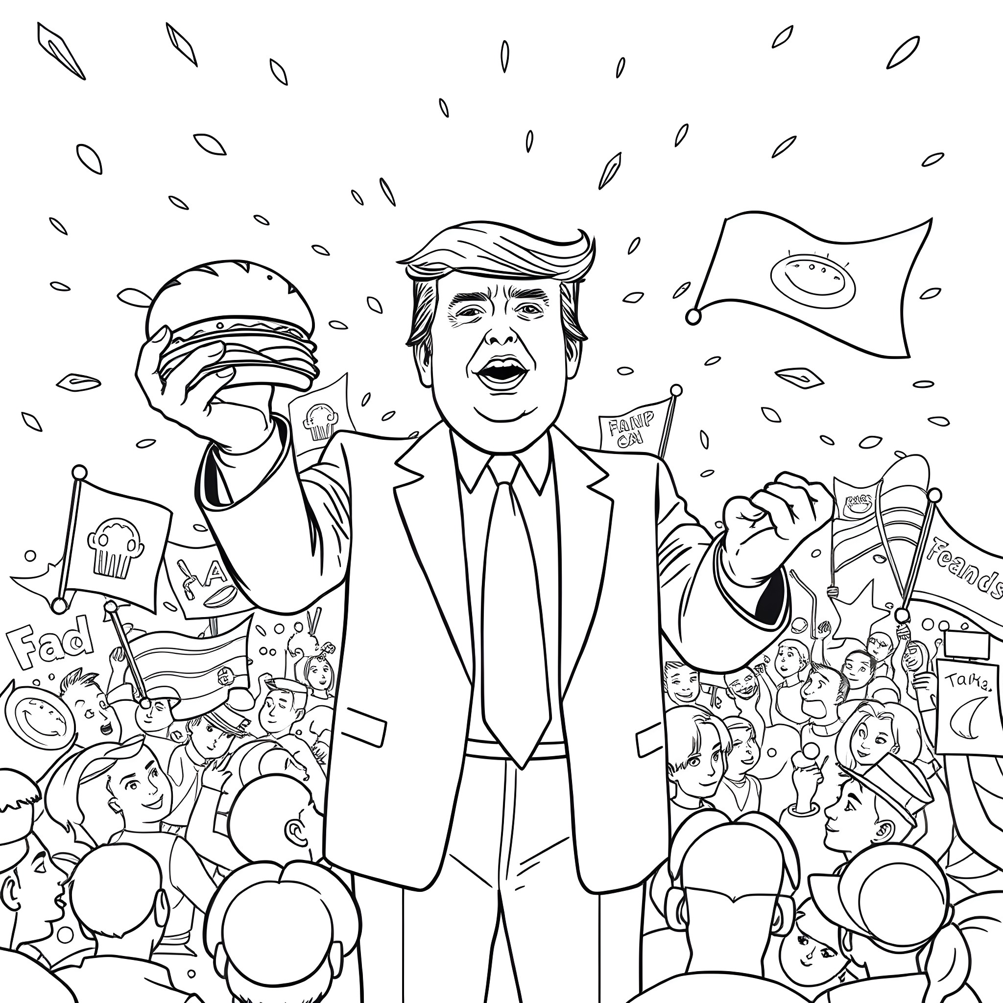 Donald Trump amid chaotic crowd and symbols Coloring Page (free black-and-white line drawing printable PDF for all, from beginners to advanced learners, including children, teens, adults, and seniors)