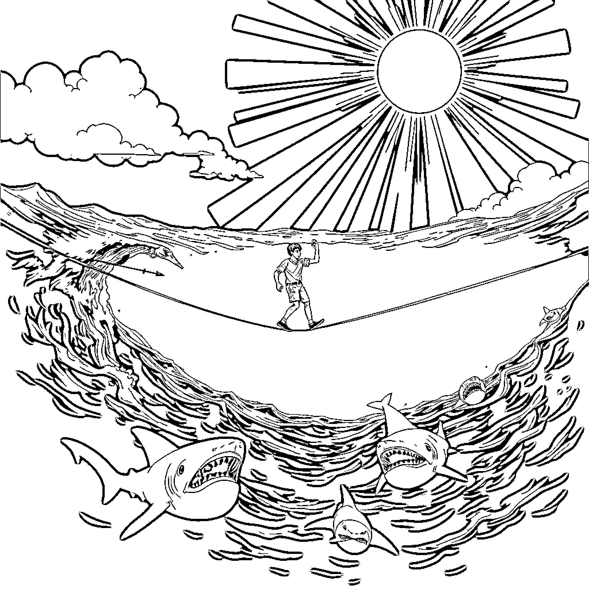 Tightrope Walker Balances Above Perilous Waters Coloring Page (free black-and-white line drawing printable PDF for all, from beginners to advanced learners, including children, teens, adults, and seniors)
