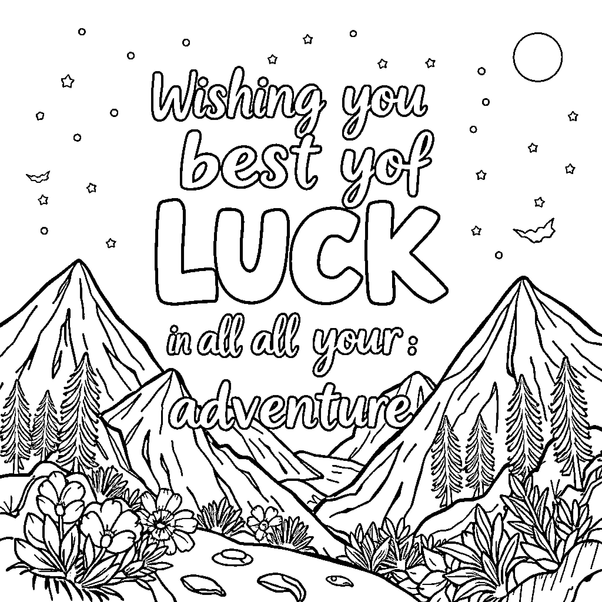 Luck Wishing Best Yof in All Your Adventure Coloring Page (free black-and-white line drawing printable PDF for all, from beginners to advanced learners, including children, teens, adults, and seniors)