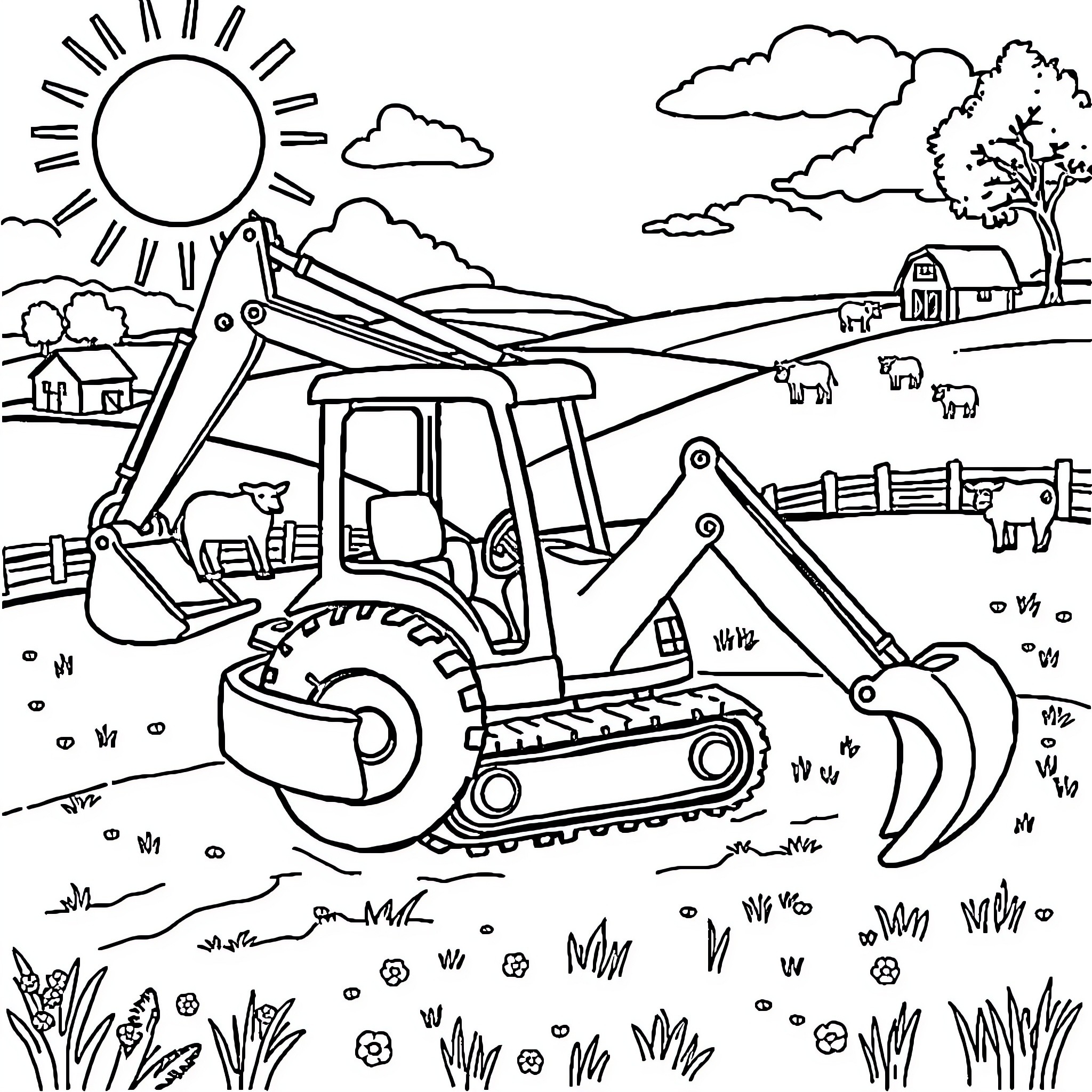 Excavator working on a rural landscape Coloring Page (free black-and-white line drawing printable PDF for all, from beginners to advanced learners, including children, teens, adults, and seniors)