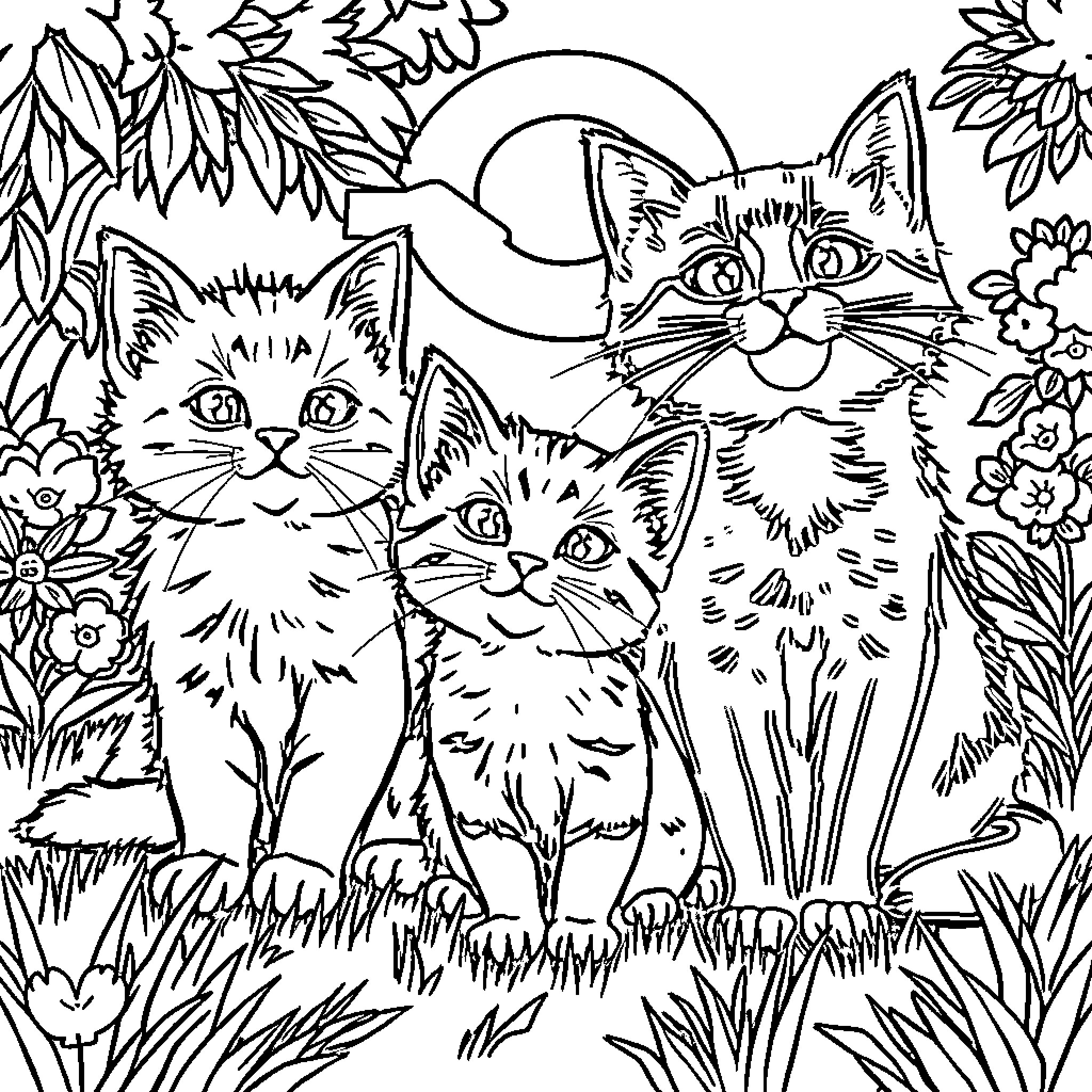 Cat family in a floral garden Coloring Page (free black-and-white line drawing printable PDF for all, from beginners to advanced learners, including children, teens, adults, and seniors)