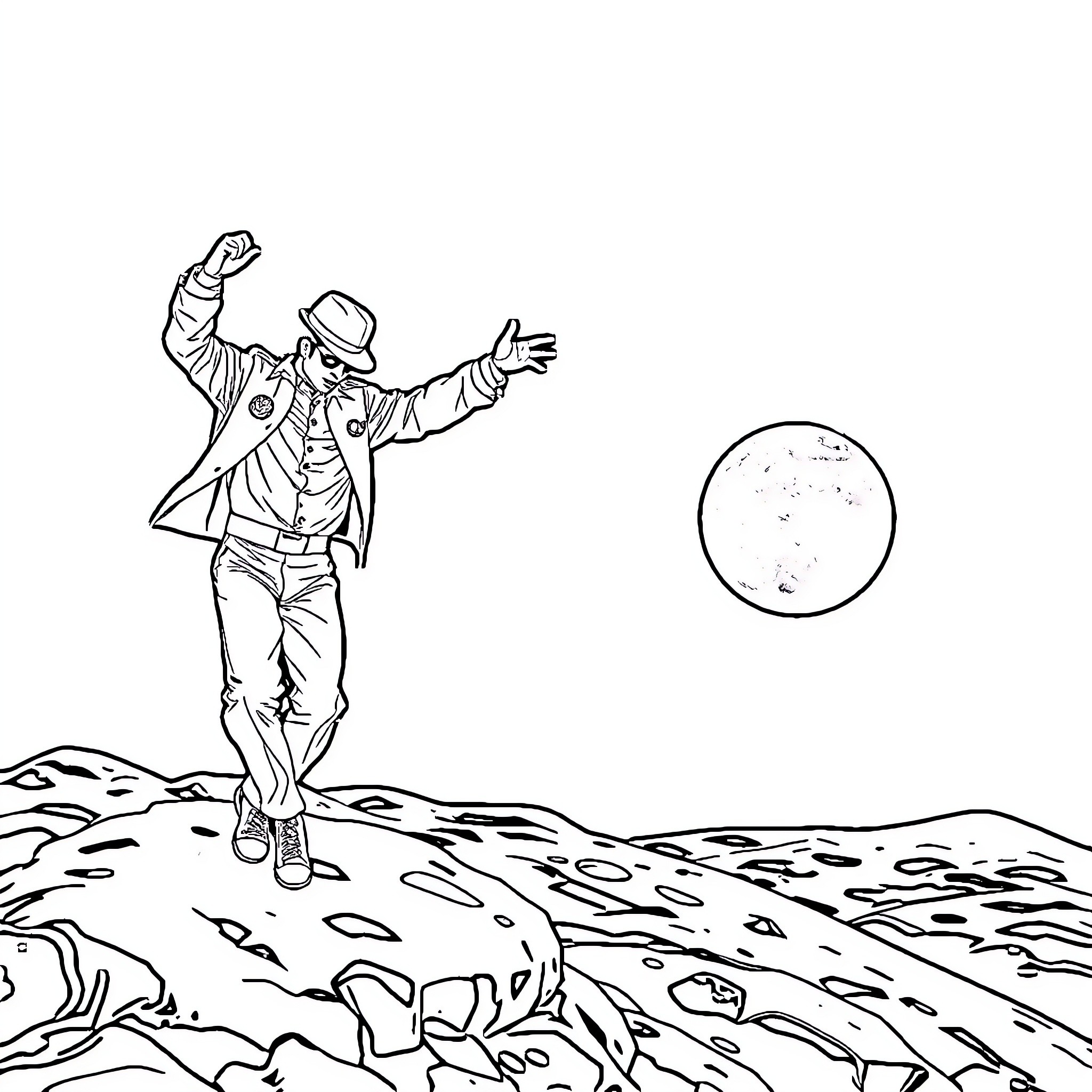 Michael Jackson's Moonwalk on the Lunar Landscape Coloring Page (free black-and-white line drawing printable PDF for all, from beginners to advanced learners, including children, teens, adults, and seniors)