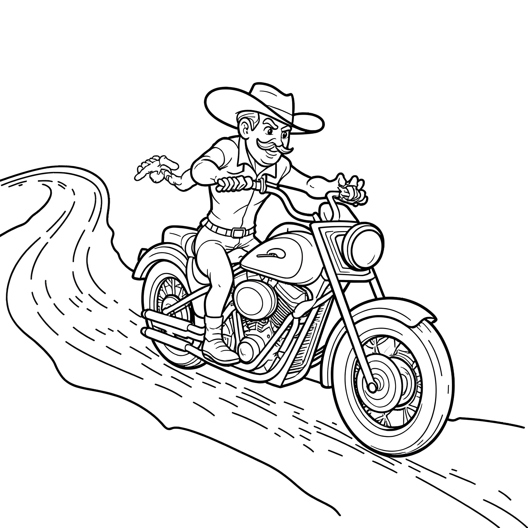 Yosemite Sam speeding on a motorcycle Coloring Page (free black-and-white line drawing printable PDF for all, from beginners to advanced learners, including children, teens, adults, and seniors)