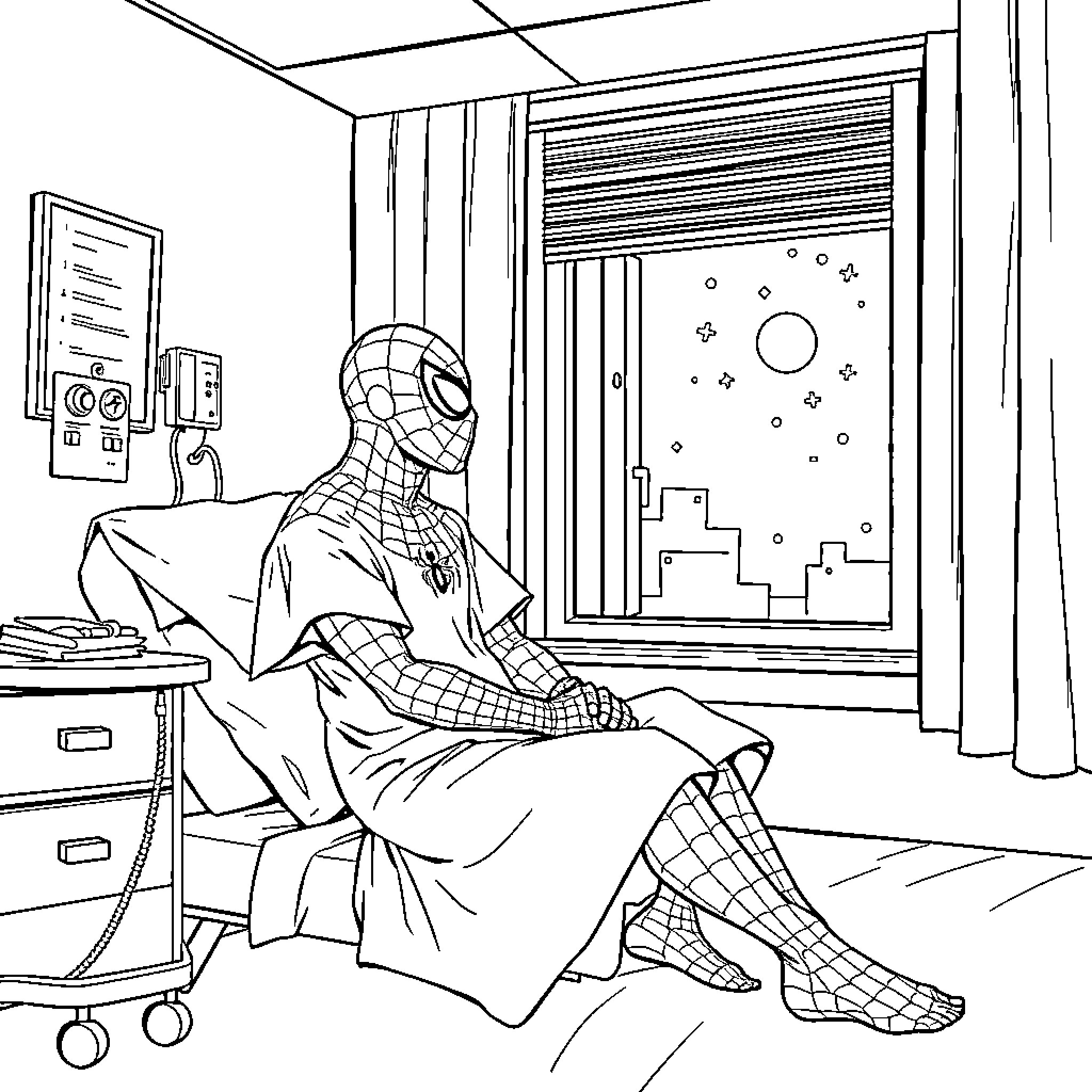 Spiderman relaxing in his room Coloring Page (free black-and-white line drawing printable PDF for all, from beginners to advanced learners, including children, teens, adults, and seniors)