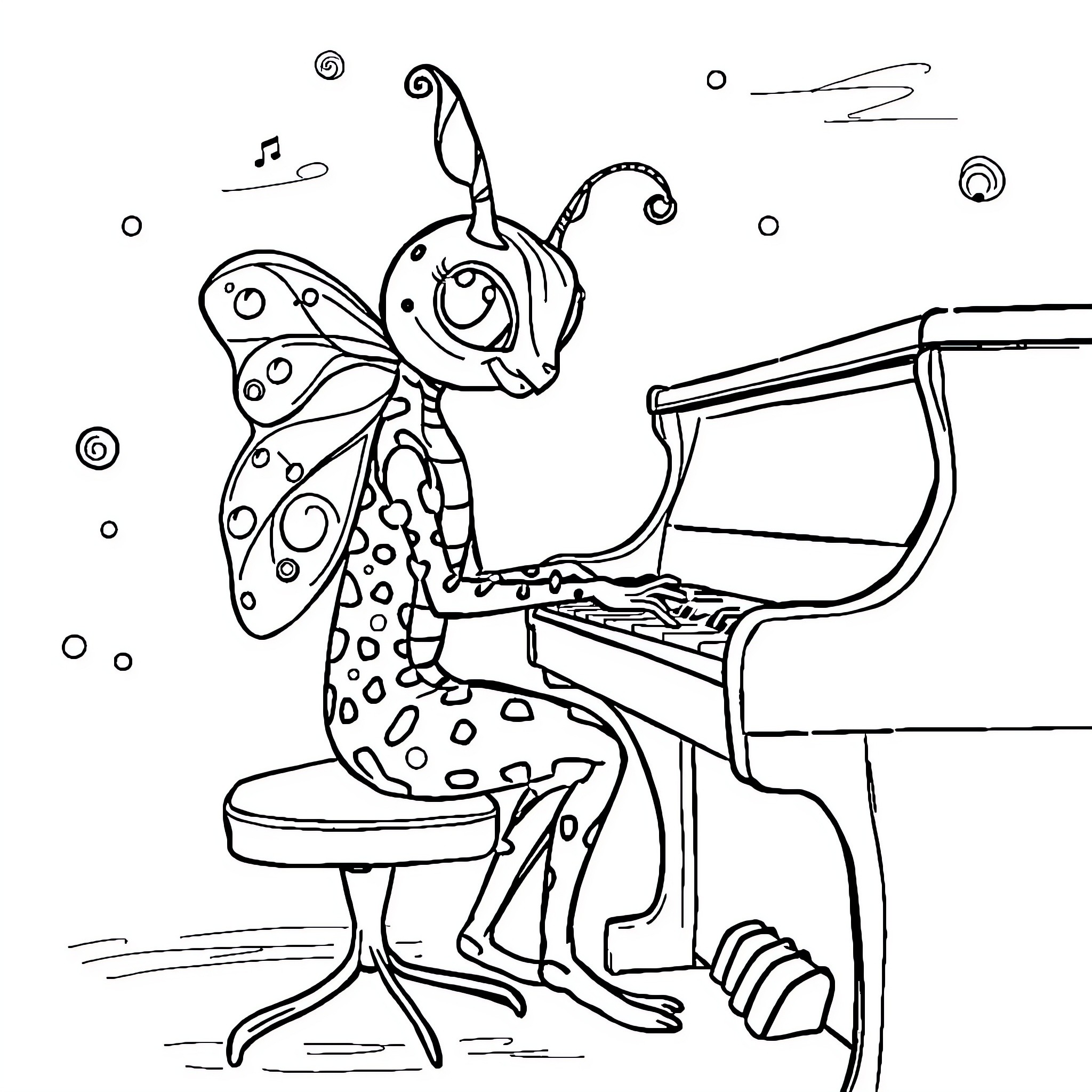 Spider musician playing piano with enthusiasm Coloring Page (free black-and-white line drawing printable PDF for all, from beginners to advanced learners, including children, teens, adults, and seniors)