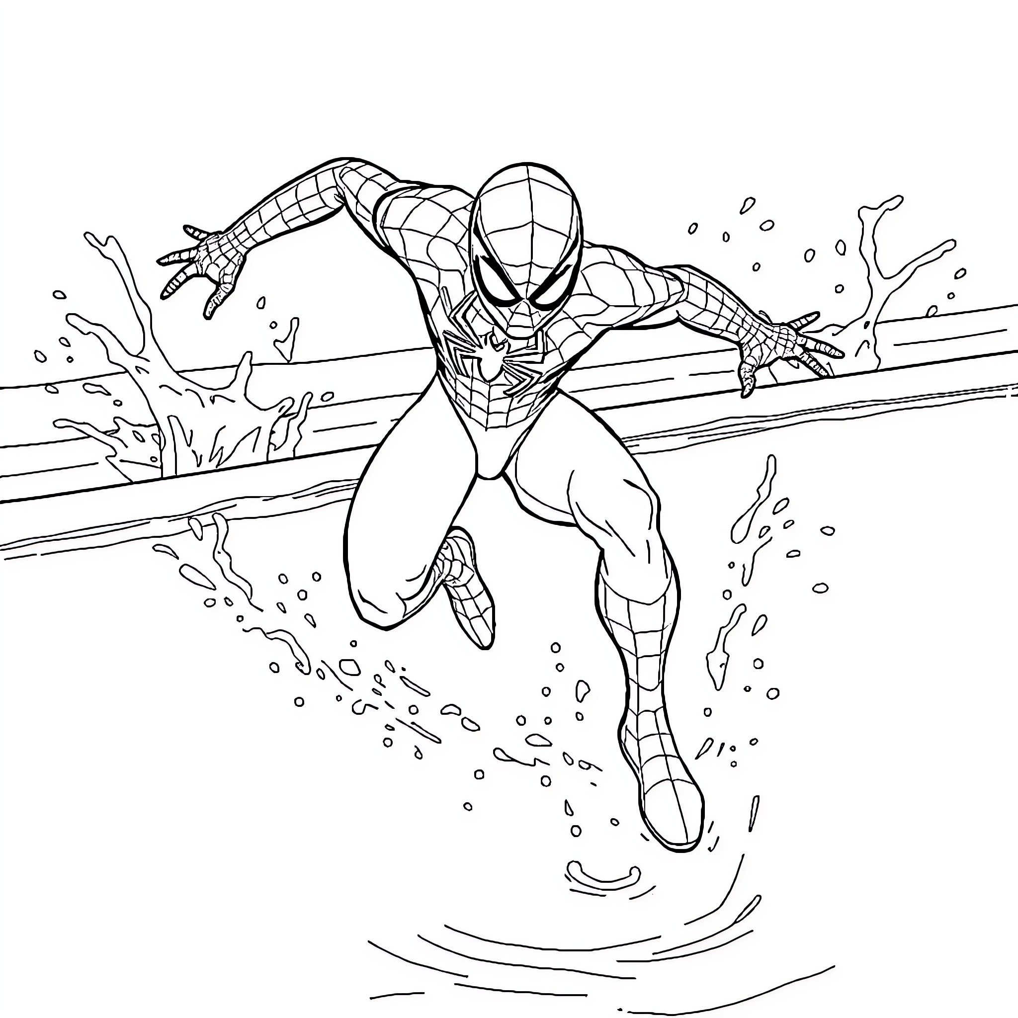 Spiderman swinging through the city with action and agility Coloring Page (free black-and-white line drawing printable PDF for all, from beginners to advanced learners, including children, teens, adults, and seniors)