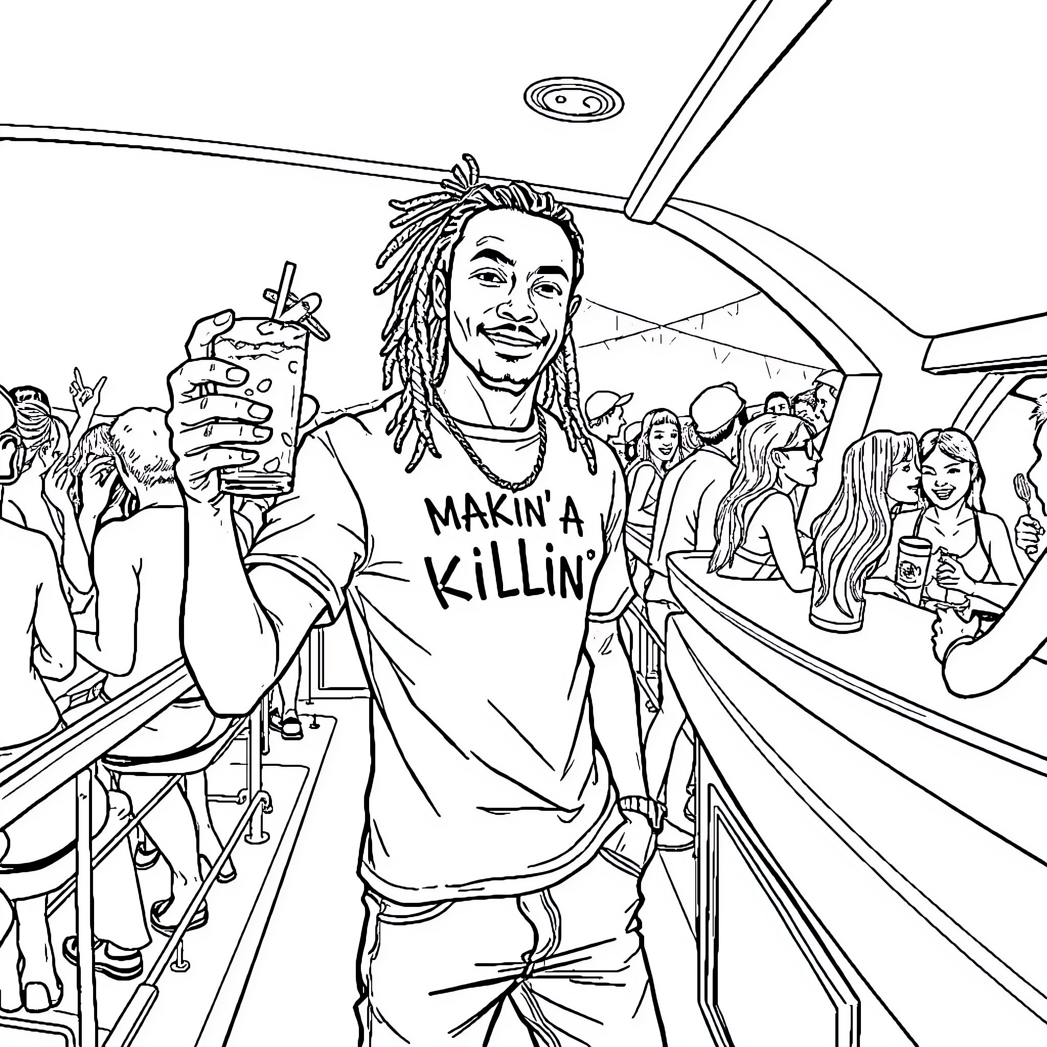 Man enjoying a drink in a crowded social setting Coloring Page (free black-and-white line drawing printable PDF for all, from beginners to advanced learners, including children, teens, adults, and seniors)