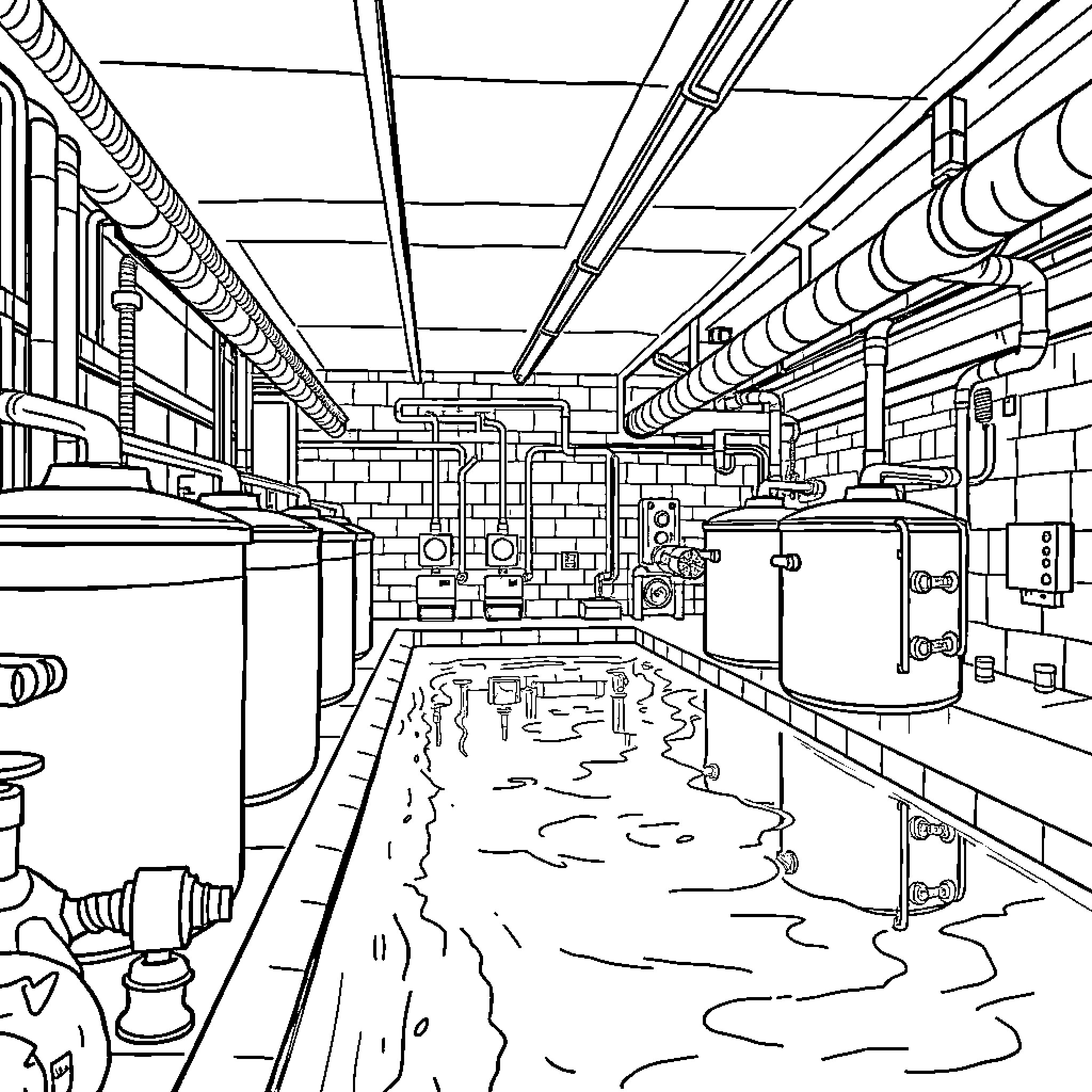 Plant Maintenance Area with Pipes and Machinery Coloring Page (free black-and-white line drawing printable PDF for all, from beginners to advanced learners, including children, teens, adults, and seniors)