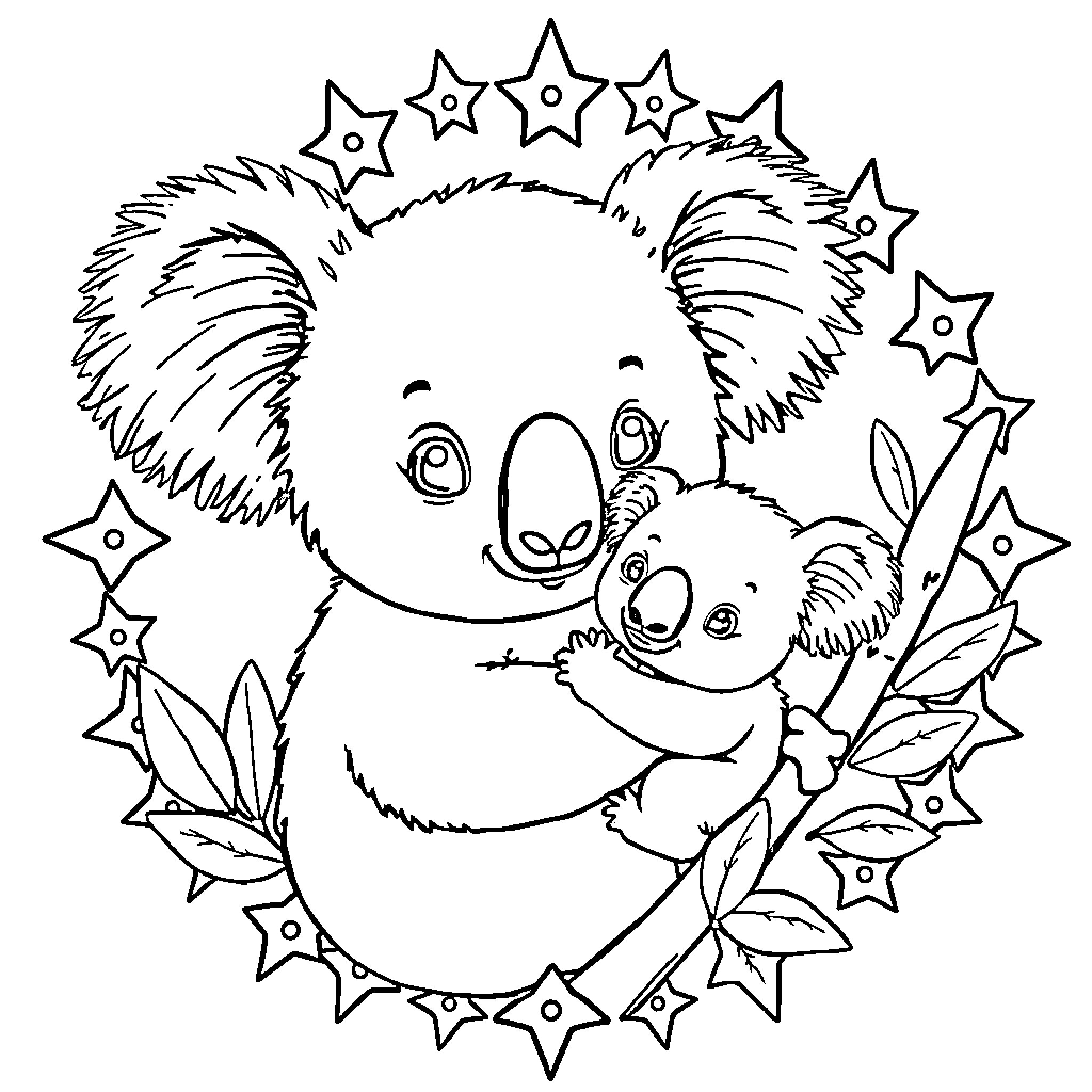 Koalas embracing under a starry night Coloring Page (free black-and-white line drawing printable PDF for all, from beginners to advanced learners, including children, teens, adults, and seniors)