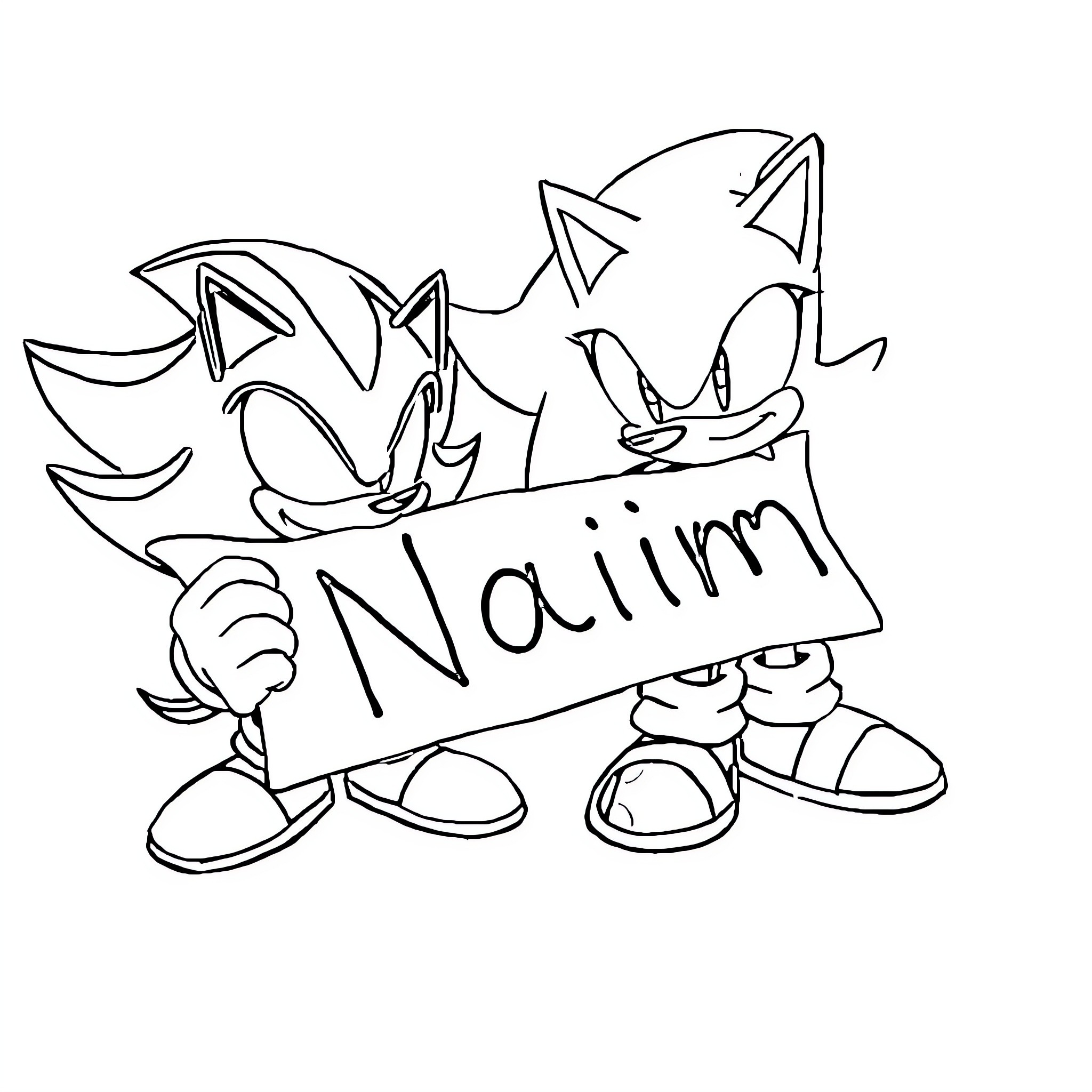 Shadow and Sonic holding a sign Coloring Page (free black-and-white line drawing printable PDF for all, from beginners to advanced learners, including children, teens, adults, and seniors)