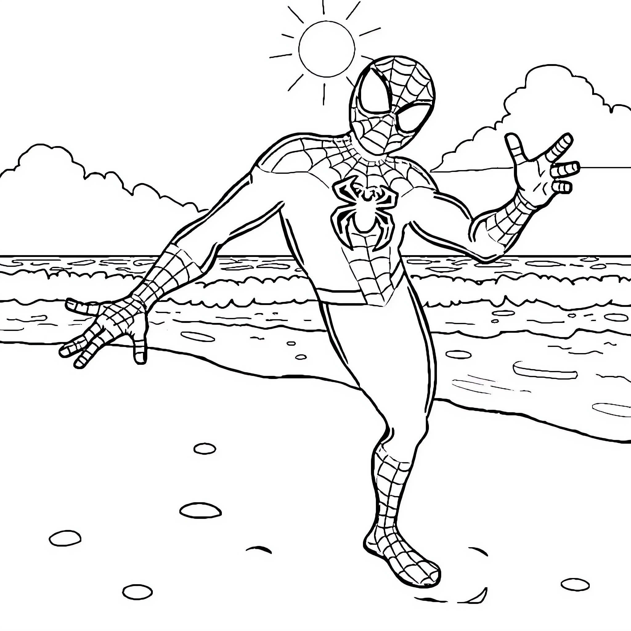 Spiderman surfing in the ocean Coloring Page (free black-and-white line drawing printable PDF for all, from beginners to advanced learners, including children, teens, adults, and seniors)