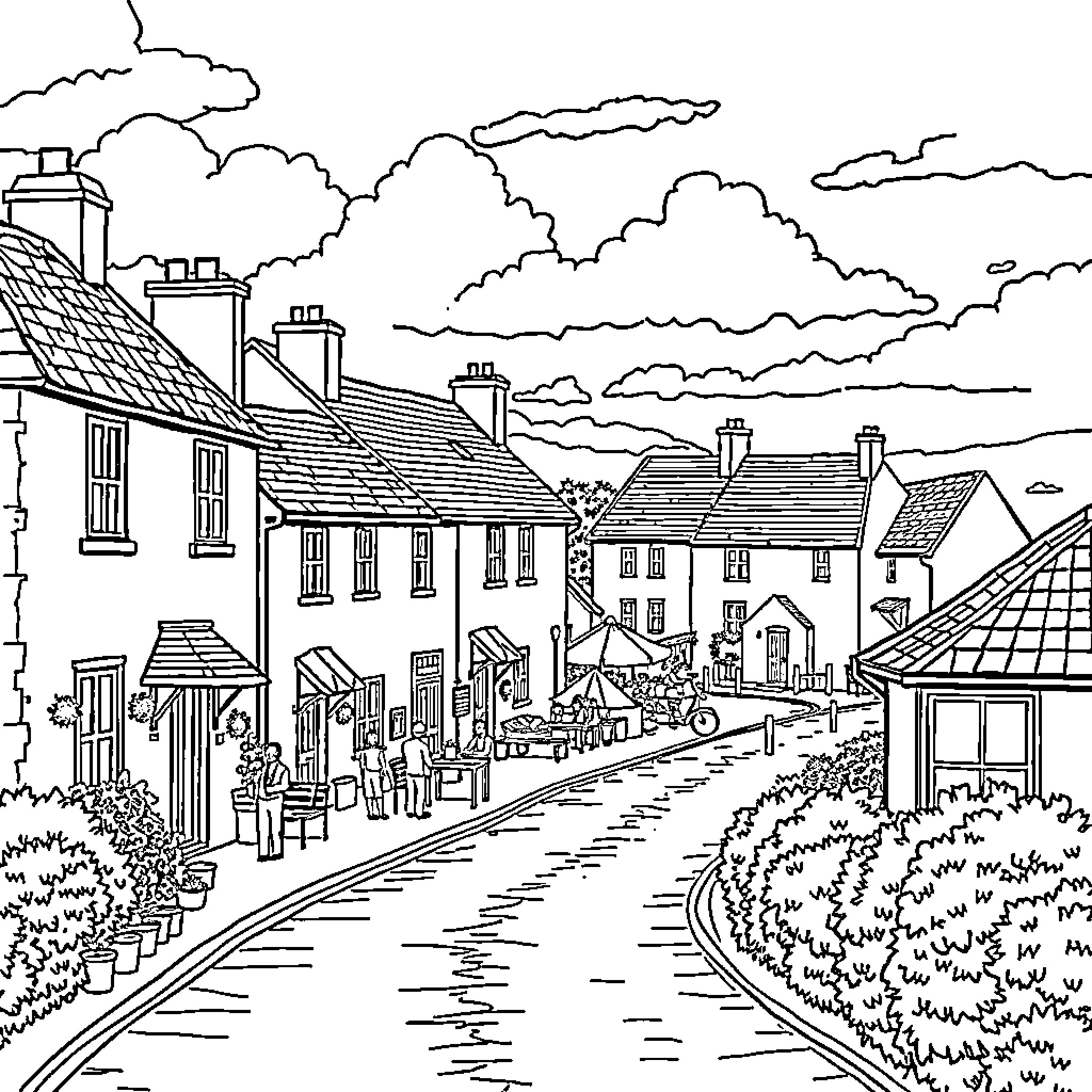 Town with bustling street and quaint houses Coloring Page (free black-and-white line drawing printable PDF for all, from beginners to advanced learners, including children, teens, adults, and seniors)