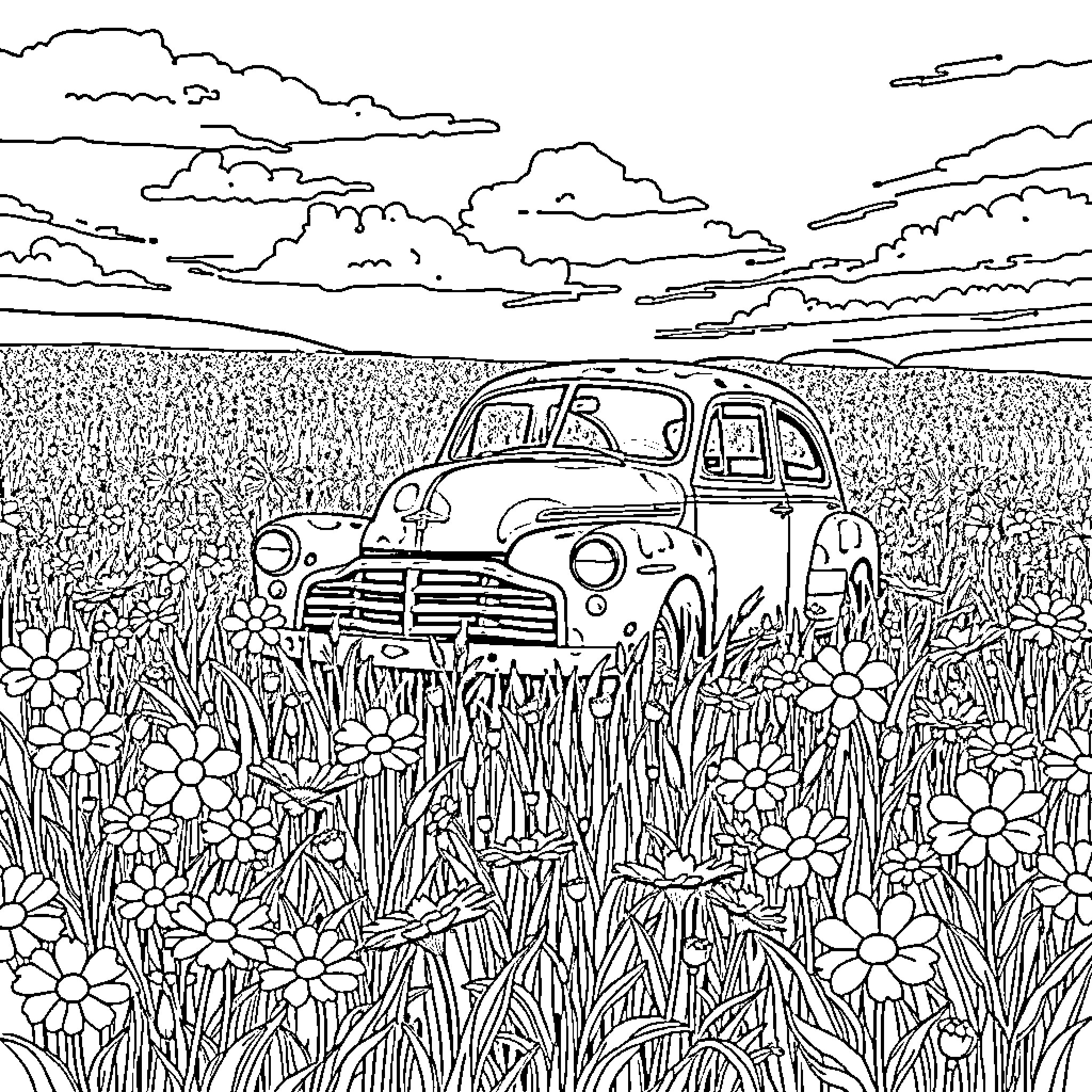 Flower-filled meadow with vintage car Coloring Page (free black-and-white line drawing printable PDF for all, from beginners to advanced learners, including children, teens, adults, and seniors)