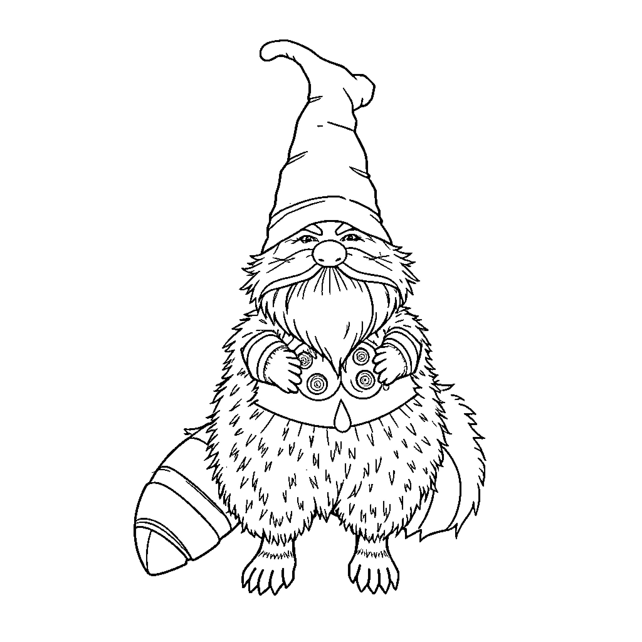 Raccoon Gnome having a joyful expression Coloring Page (free black-and-white line drawing printable PDF for all, from beginners to advanced learners, including children, teens, adults, and seniors)