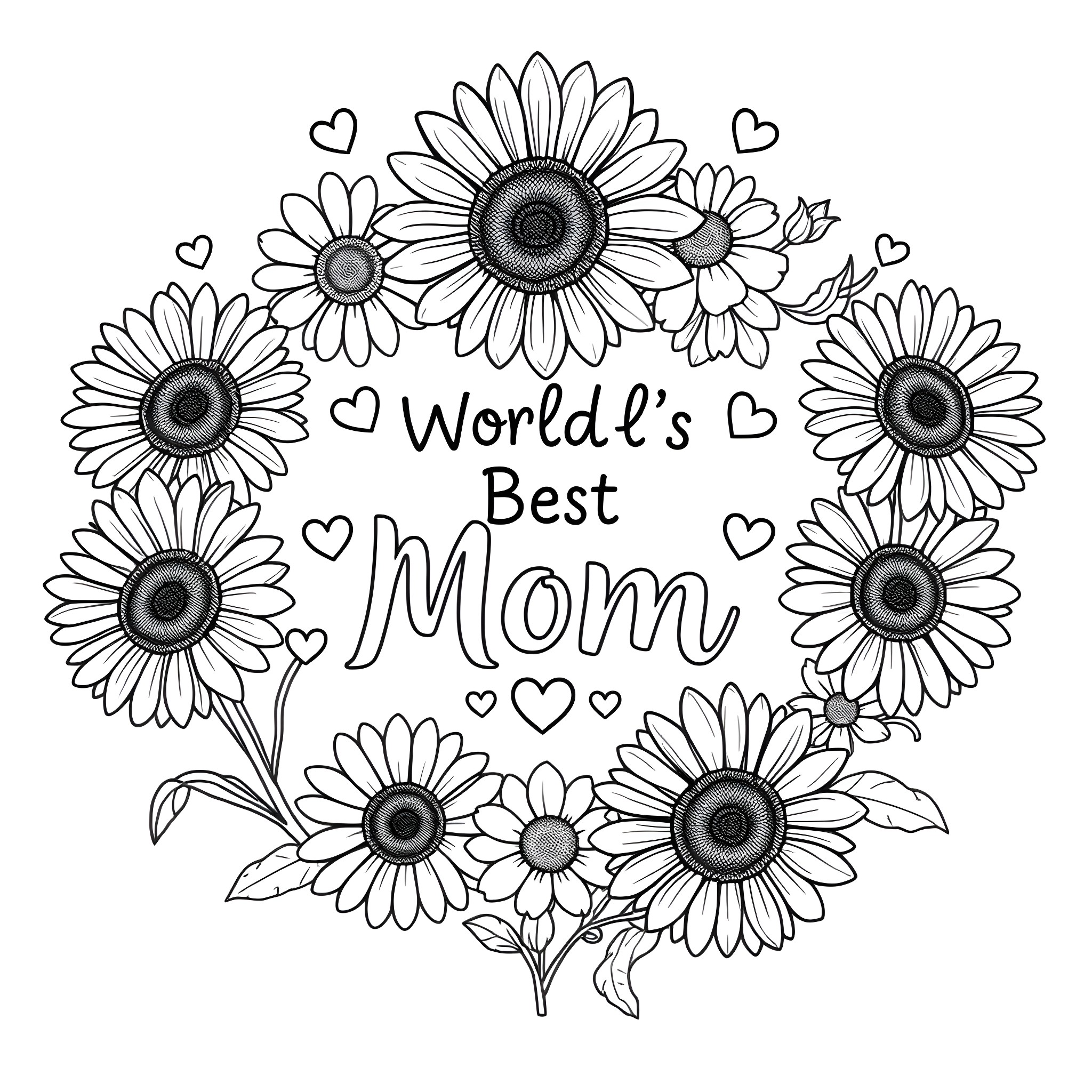 Sunflower wreath celebrating the world's best mom Coloring Page (free black-and-white line drawing printable PDF for all, from beginners to advanced learners, including children, teens, adults, and seniors)