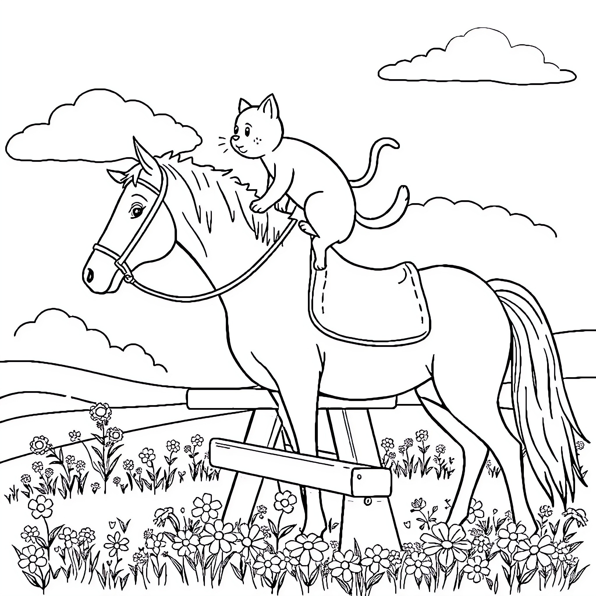 Cat riding a horse in a flower field Coloring Page (free black-and-white line drawing printable PDF for all, from beginners to advanced learners, including children, teens, adults, and seniors)