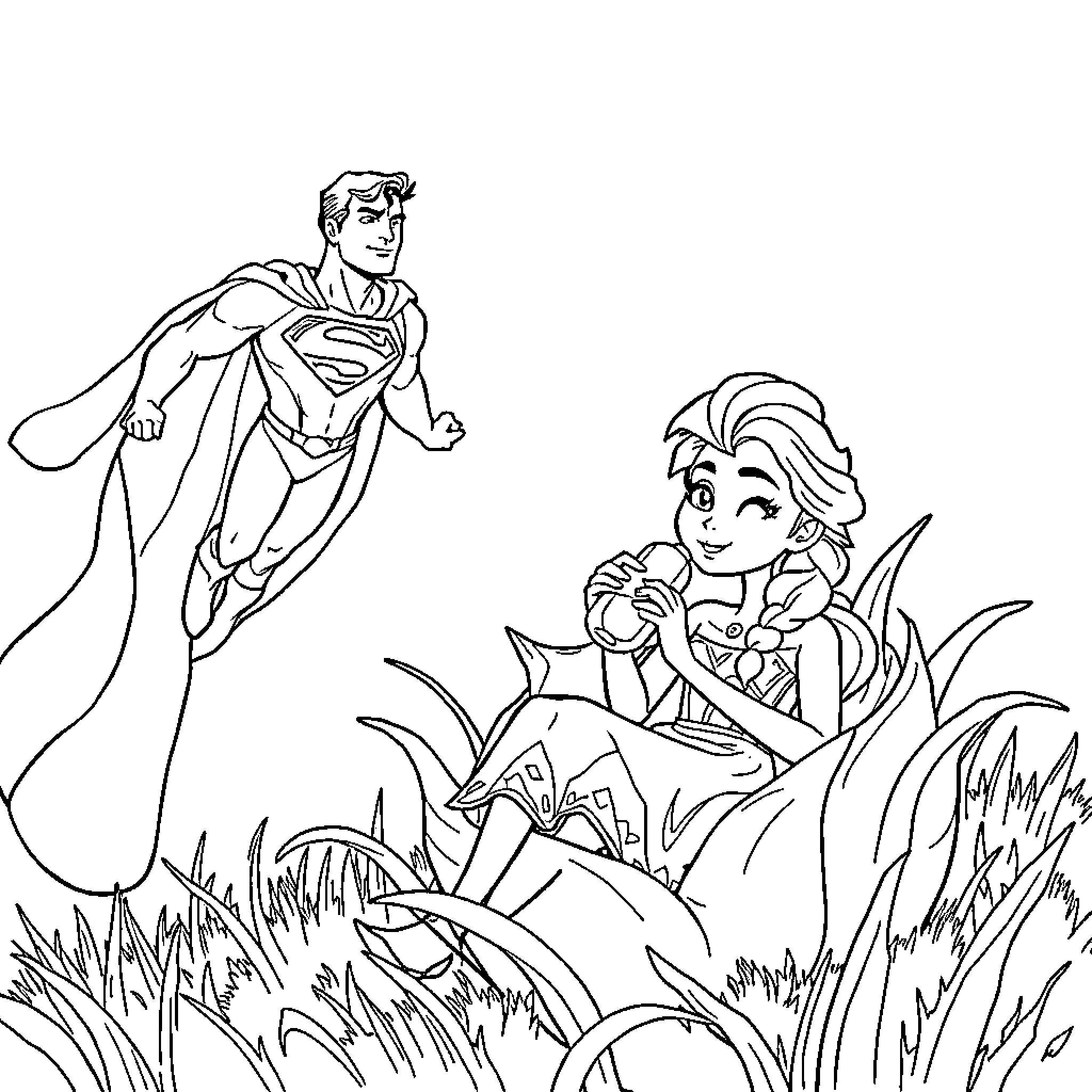 Superman and a woman in a field Coloring Page (free black-and-white line drawing printable PDF for all, from beginners to advanced learners, including children, teens, adults, and seniors)
