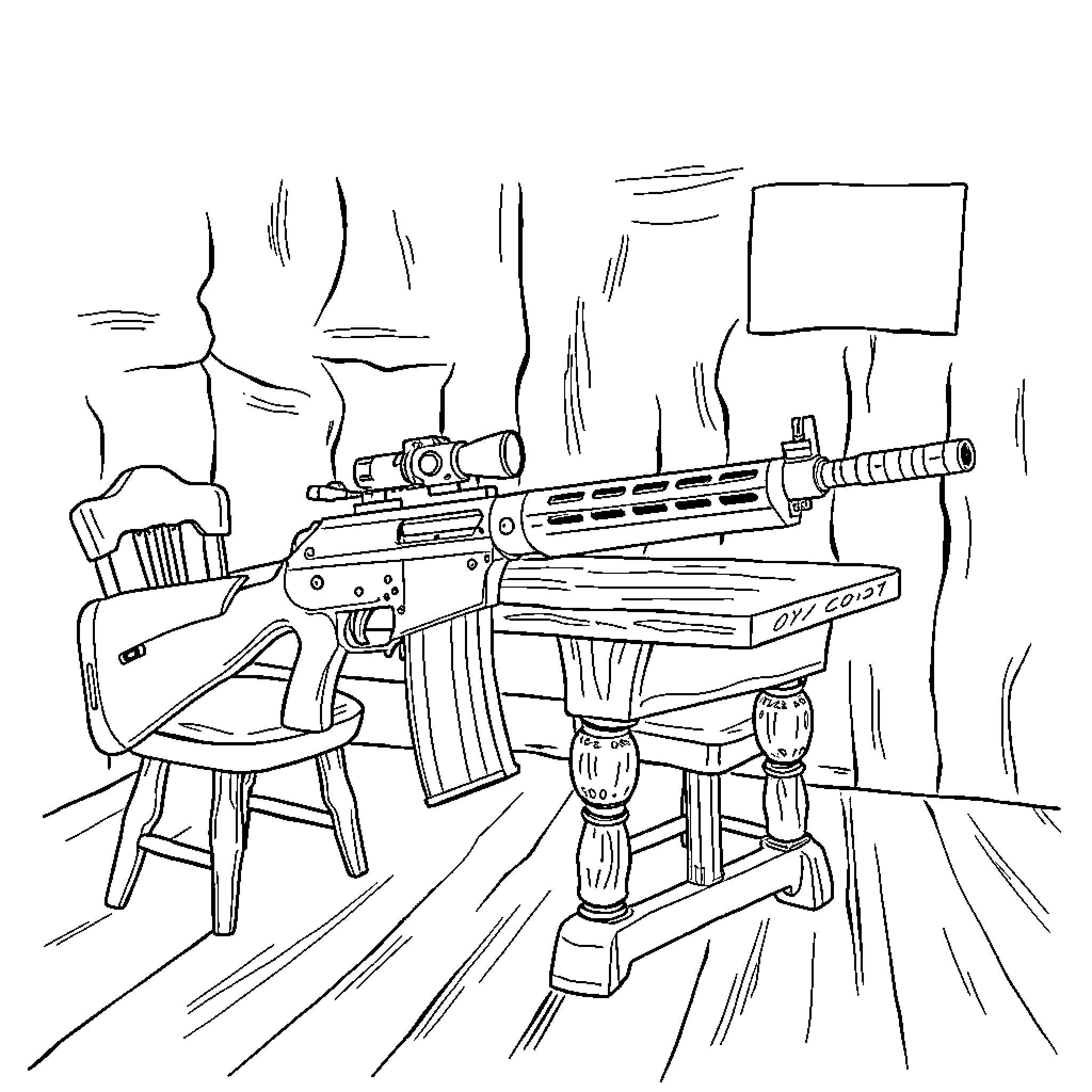 Weapon on table in dimly lit room Coloring Page (free black-and-white line drawing printable PDF for all, from beginners to advanced learners, including children, teens, adults, and seniors)