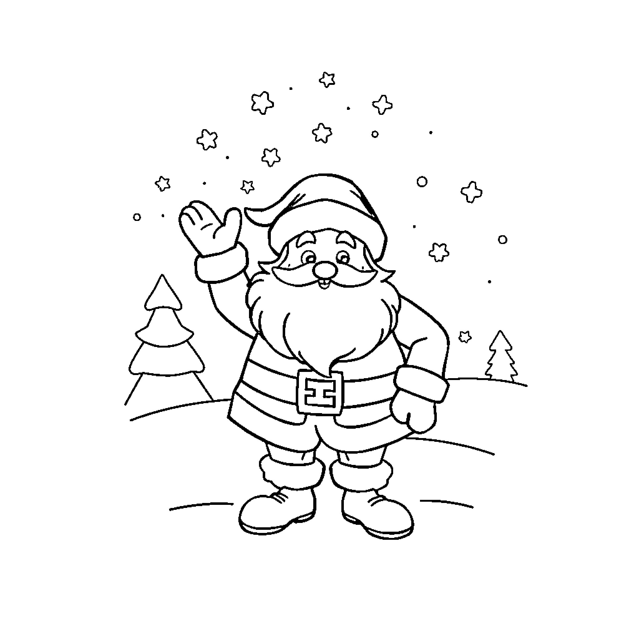 Santa waving with Christmas trees in the background Coloring Page (free black-and-white line drawing printable PDF for all, from beginners to advanced learners, including children, teens, adults, and seniors)