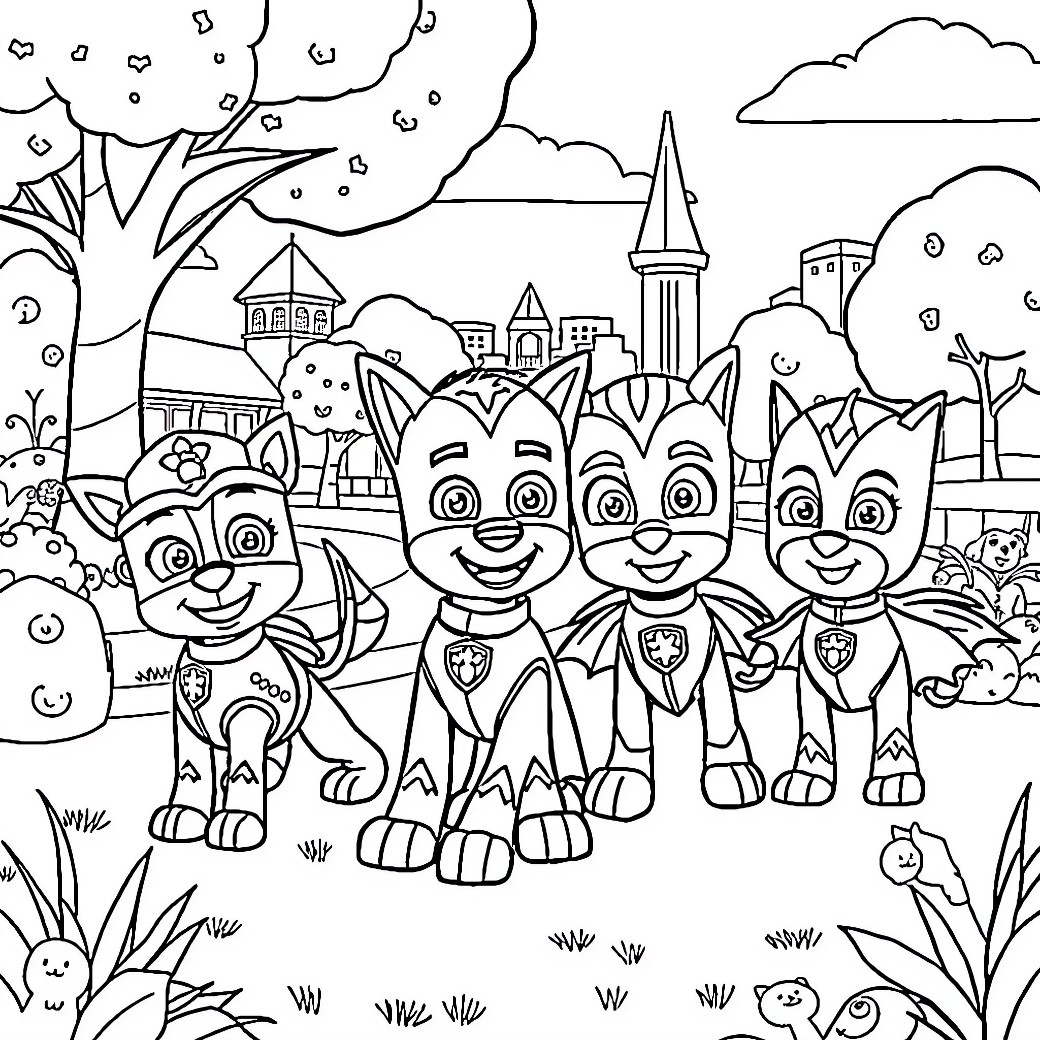 Paw Patrol Pups on an Adventure in the Town Coloring Page (free black-and-white line drawing printable PDF for all, from beginners to advanced learners, including children, teens, adults, and seniors)