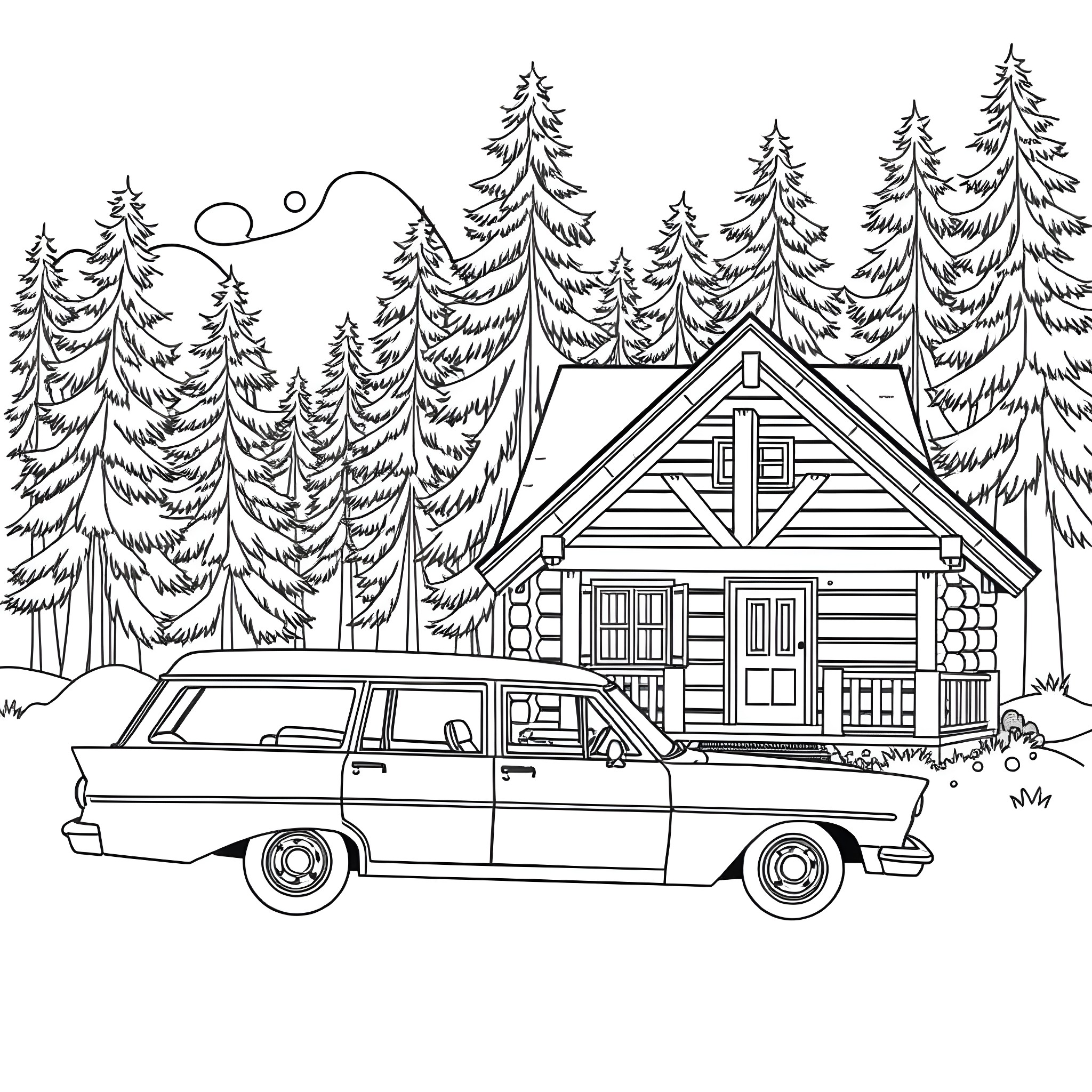 Station Wagon Parked by Rustic Cabin in Snowy Forest Coloring Page (free black-and-white line drawing printable PDF for all, from beginners to advanced learners, including children, teens, adults, and seniors)