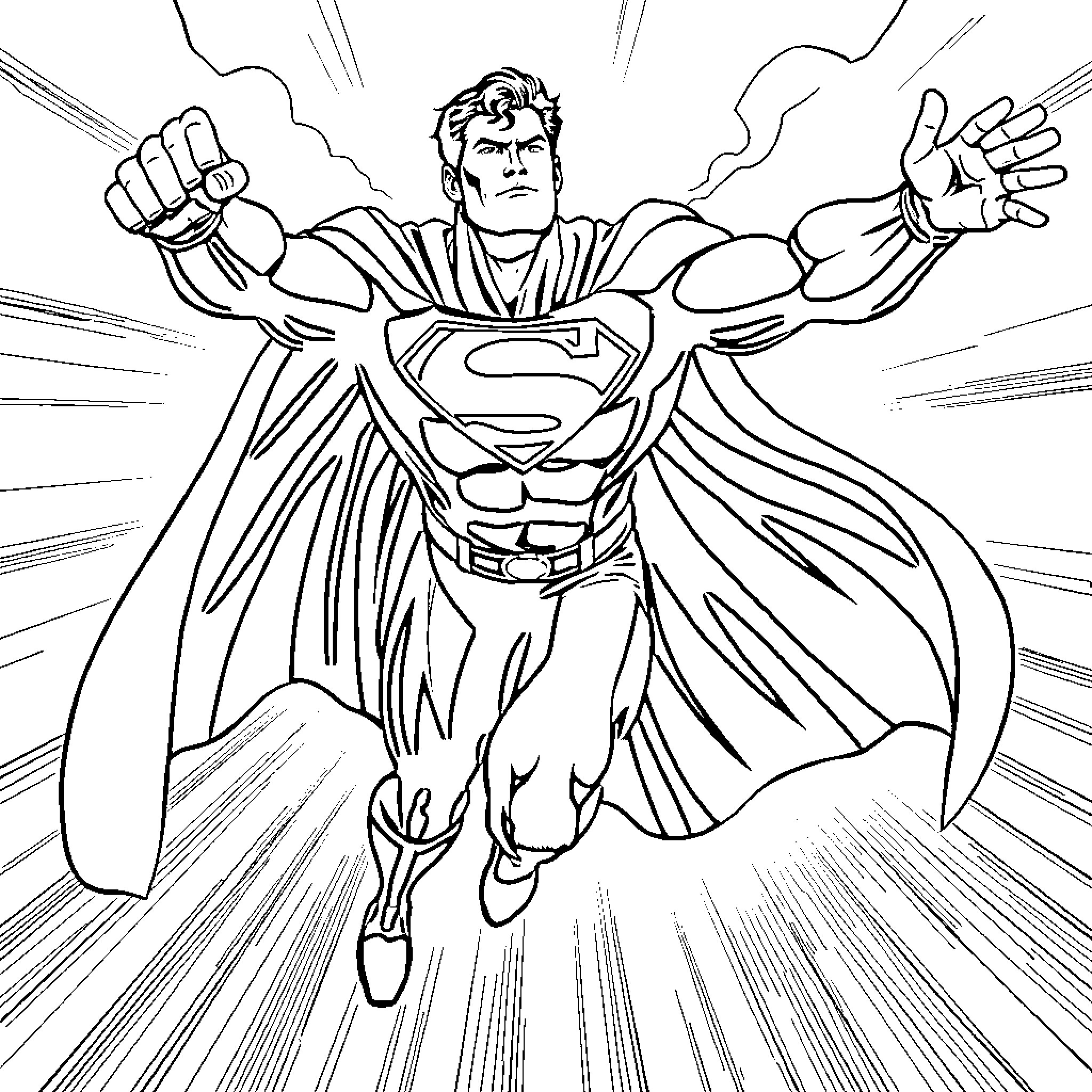 Superman Soaring through the Skies with Heroic Pose Coloring Page (free black-and-white line drawing printable PDF for all, from beginners to advanced learners, including children, teens, adults, and seniors)