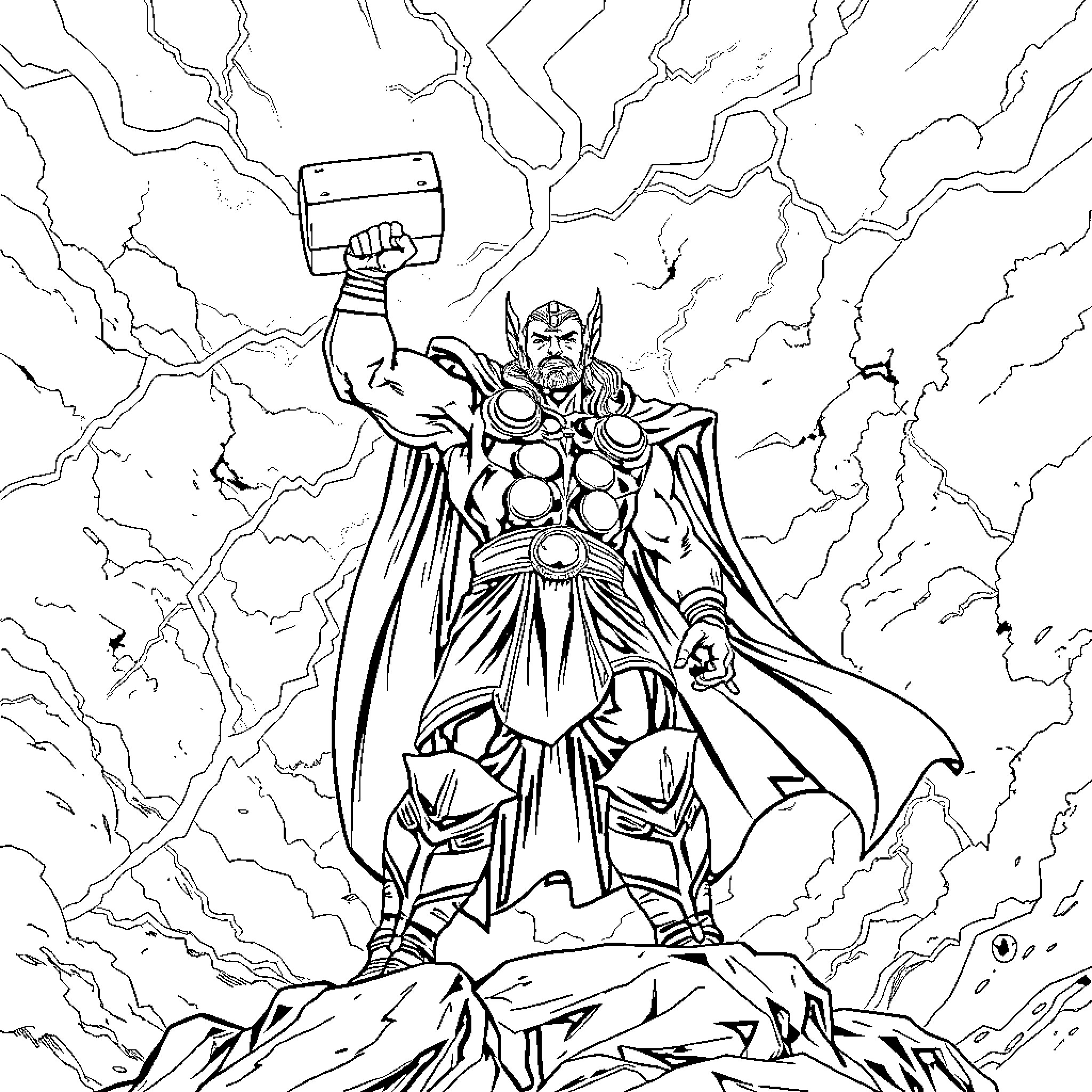 Thor wielding his mighty hammer amid the storm Coloring Page (free black-and-white line drawing printable PDF for all, from beginners to advanced learners, including children, teens, adults, and seniors)