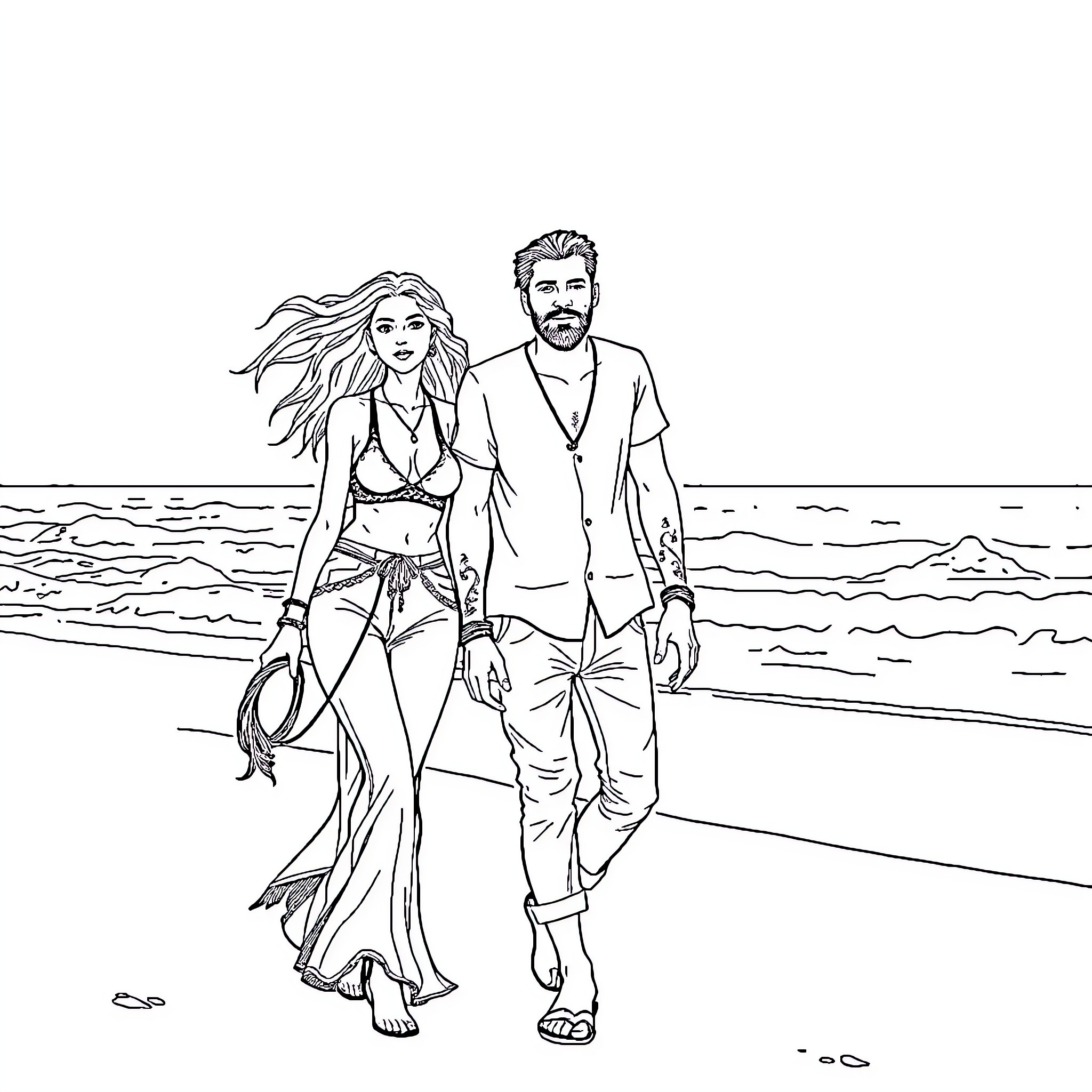 Hippie couple strolling by the beach Coloring Page (free black-and-white line drawing printable PDF for all, from beginners to advanced learners, including children, teens, adults, and seniors)