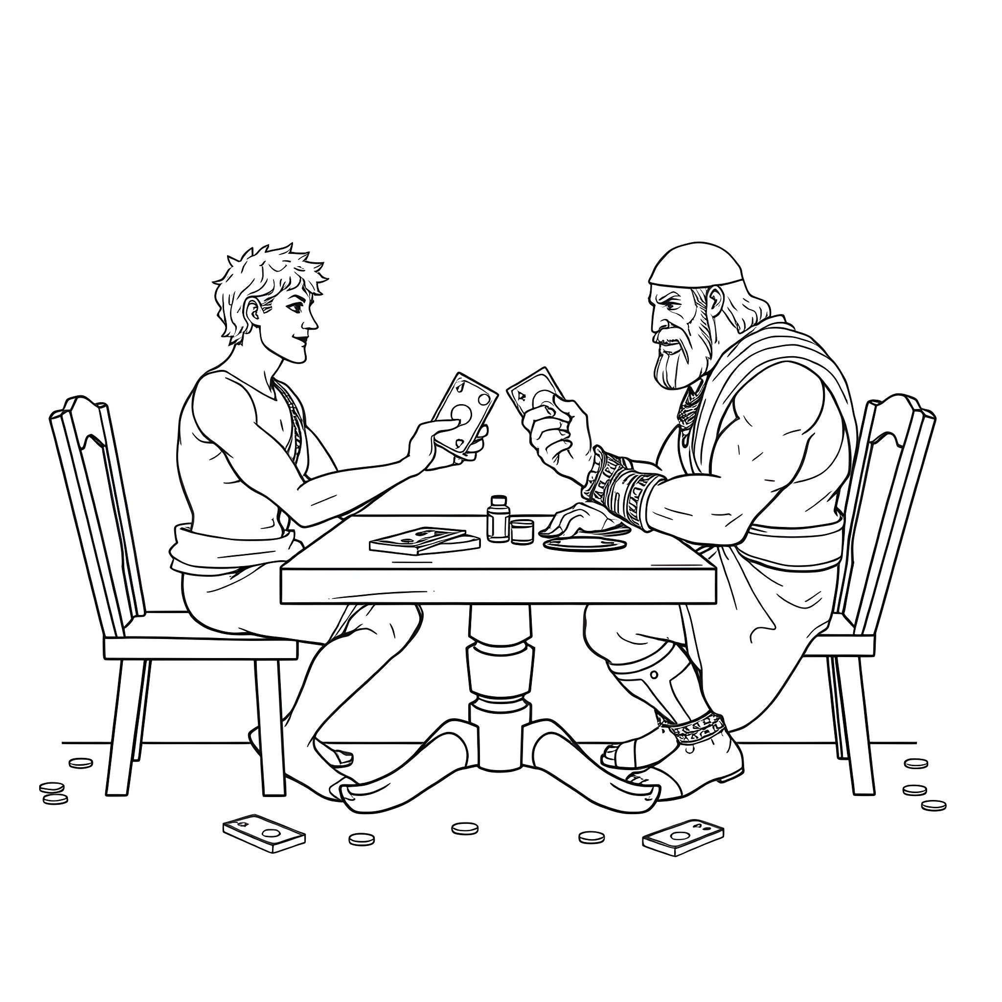 David and Goliath playing cards in a tavern Coloring Page (free black-and-white line drawing printable PDF for all, from beginners to advanced learners, including children, teens, adults, and seniors)