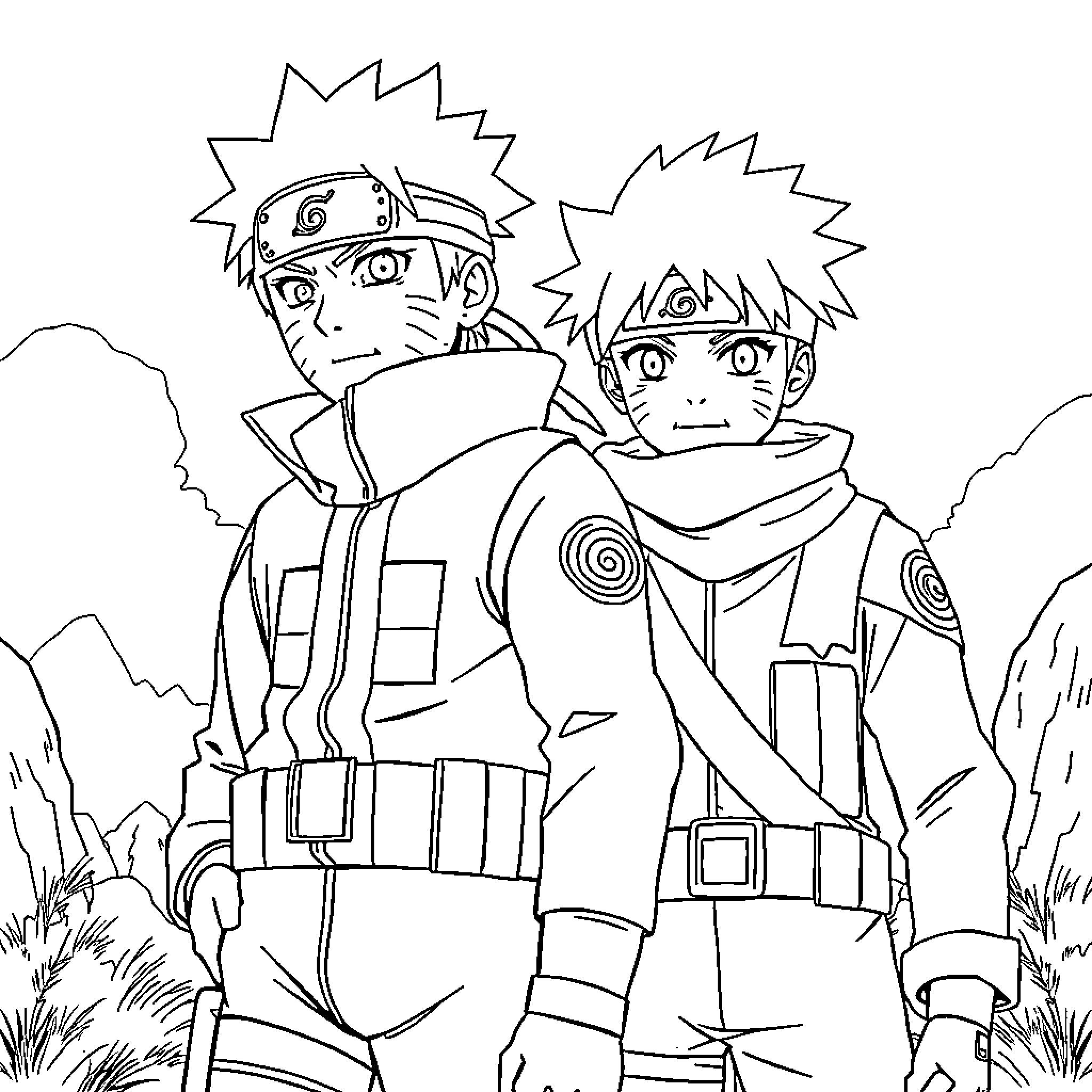 Naruto and Boruto in Action Coloring Page (free black-and-white line drawing printable PDF for all, from beginners to advanced learners, including children, teens, adults, and seniors)